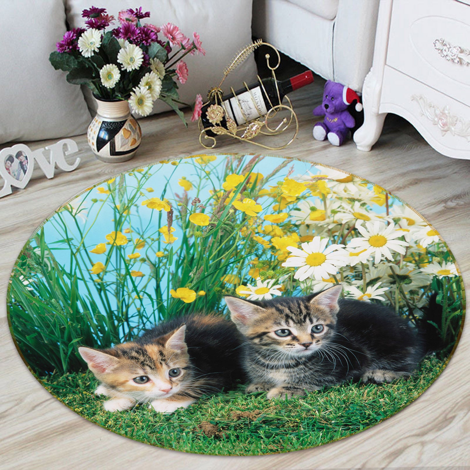 3D Cat Grass 82007 Animal Round Non Slip Rug Mat