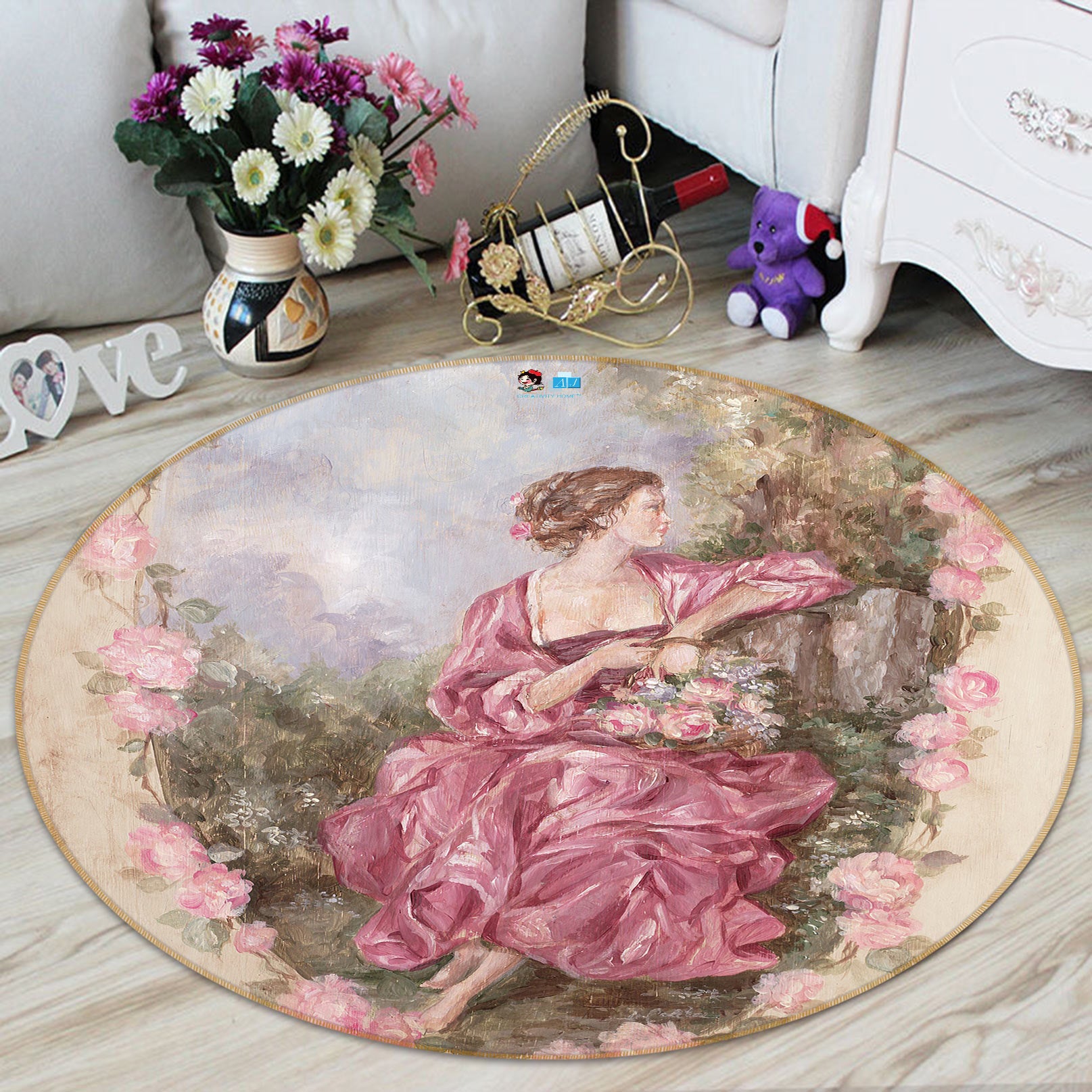 3D Garden Girl 1154 Debi Coules Rug Round Non Slip Rug Mat