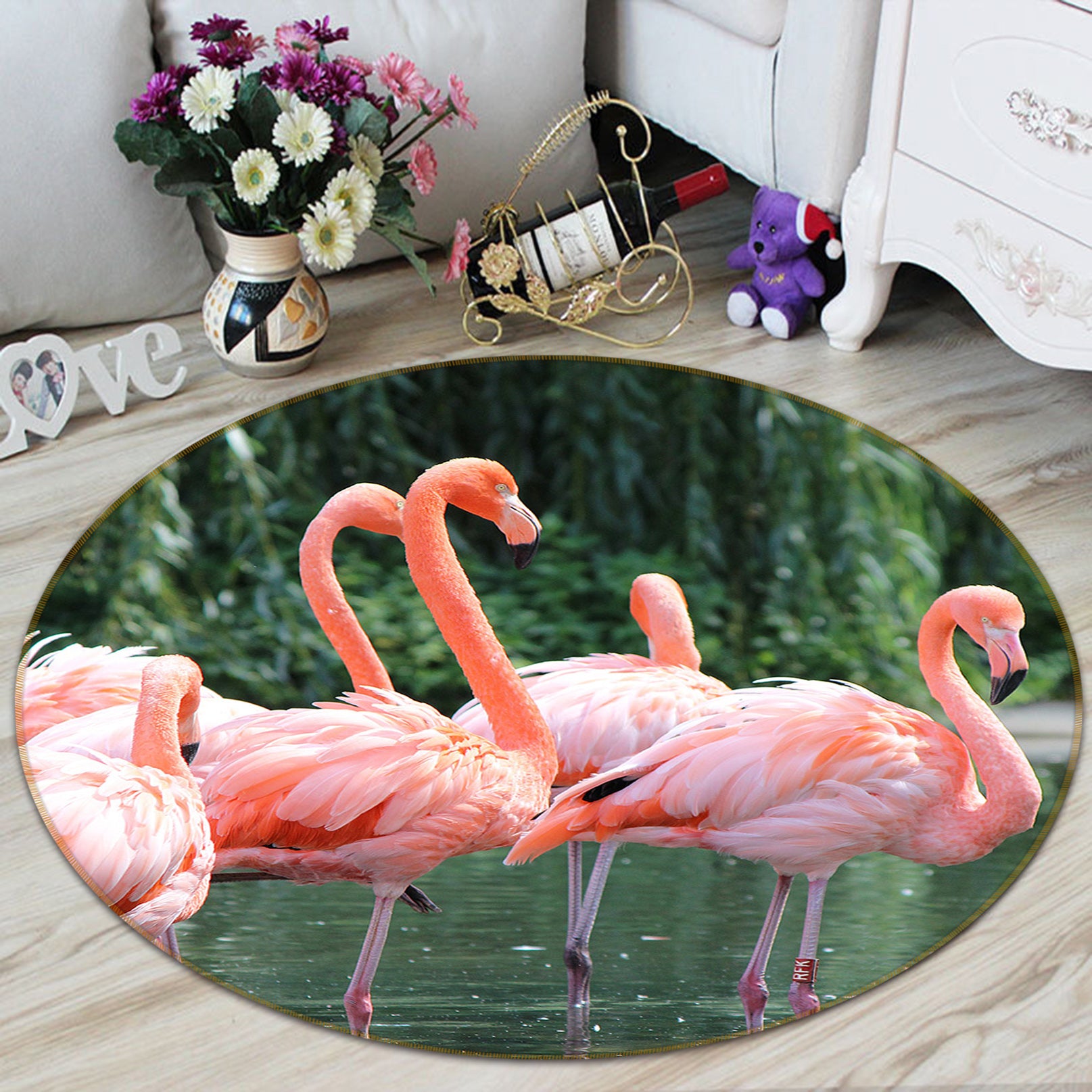 3D Red Flamingo 82219 Animal Round Non Slip Rug Mat
