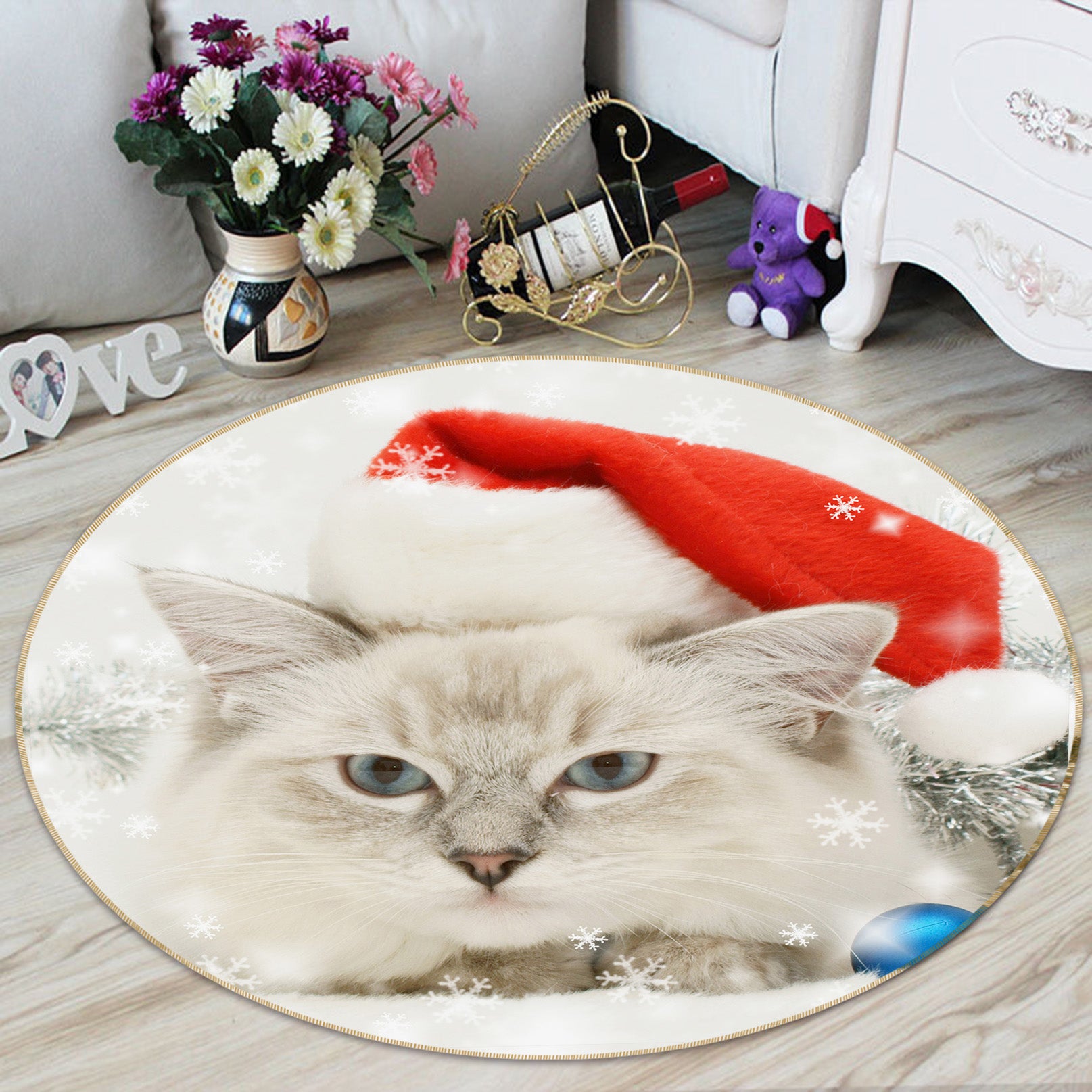 3D Cat Red Hat 82013 Animal Round Non Slip Rug Mat