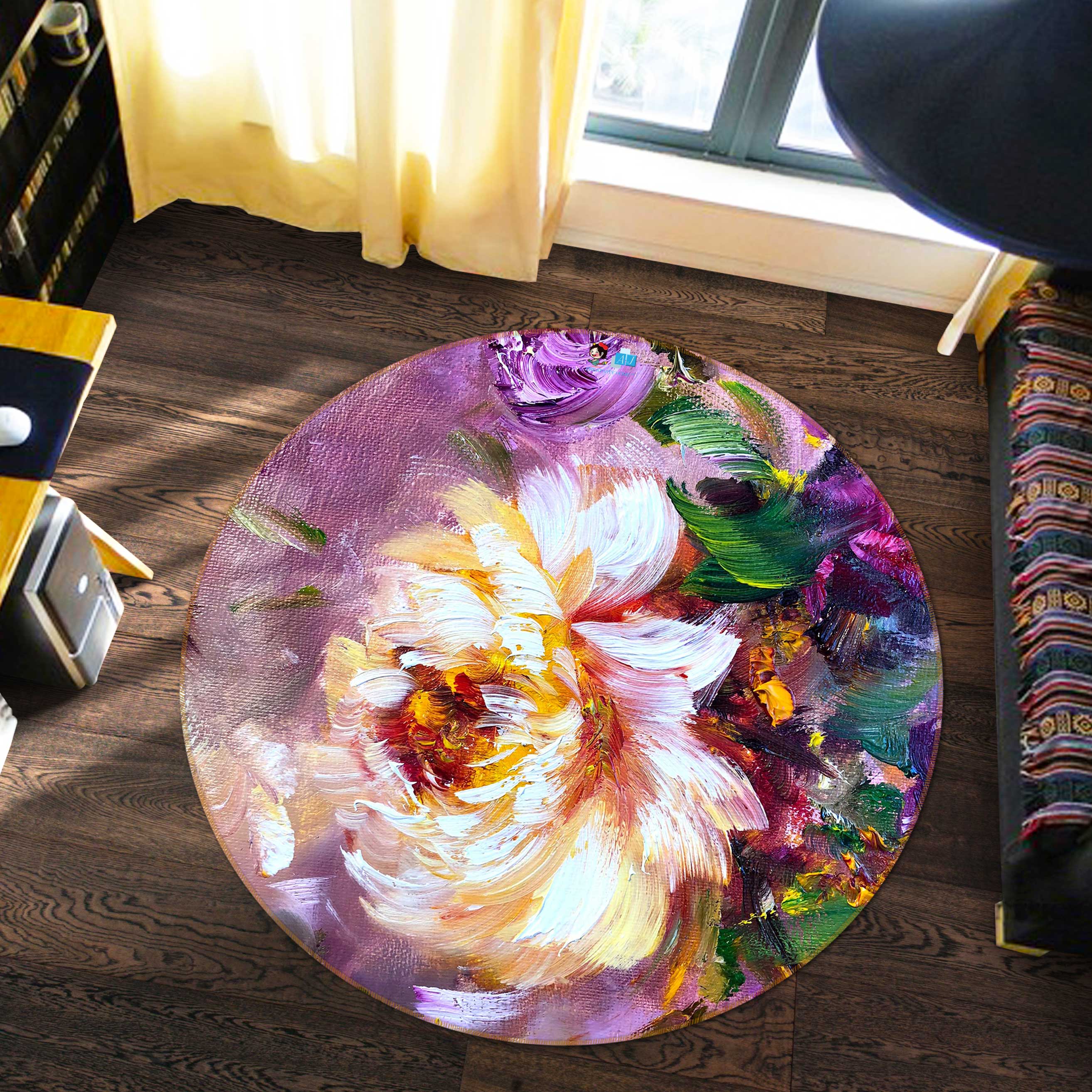 3D Painted Flowers 802 Skromova Marina Rug Round Non Slip Rug Mat