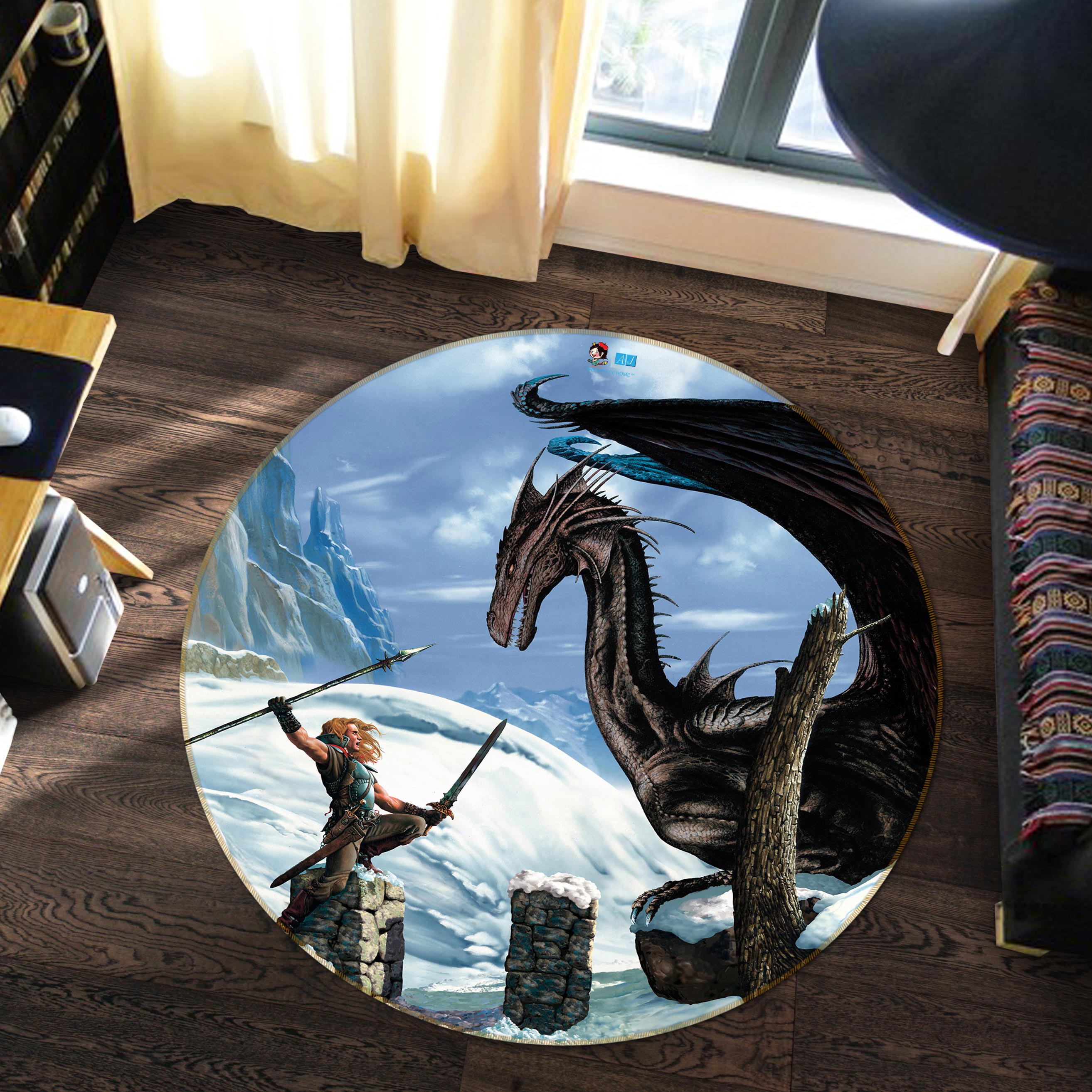 3D Snow Dragon Soldier 6054 Ciruelo Rug Round Non Slip Rug Mat