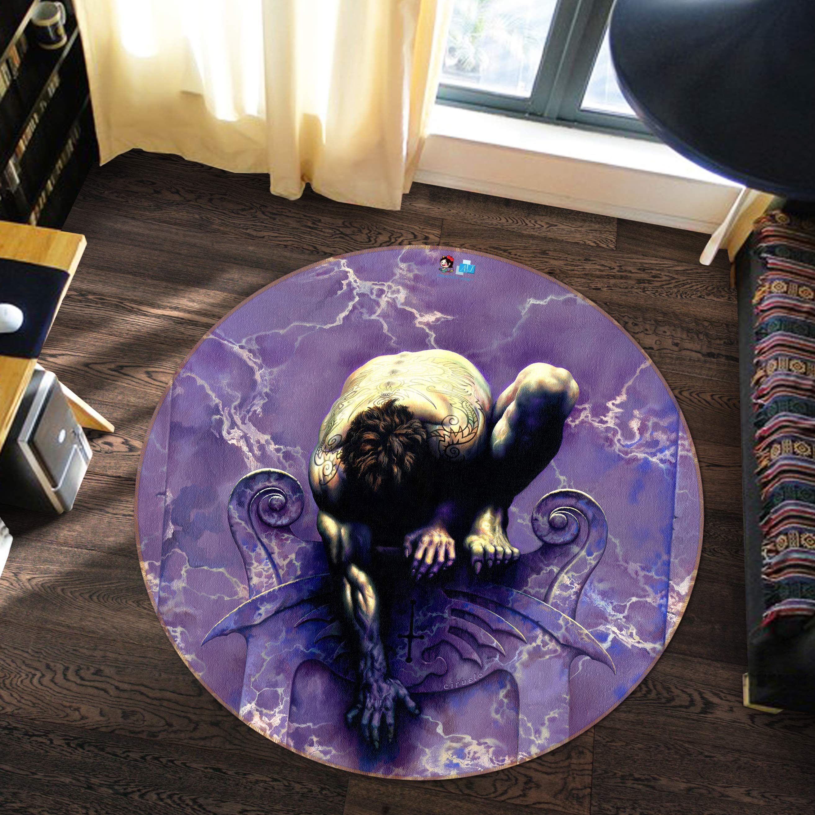 3D Squat Man 6086 Ciruelo Rug Round Non Slip Rug Mat