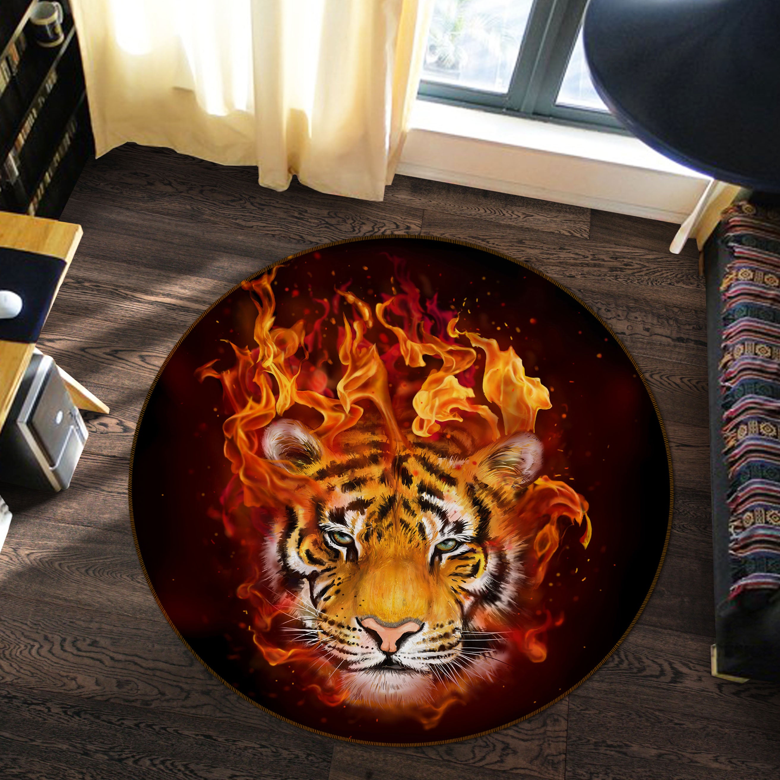 3D Tiger Fire 37213 Animal Round Non Slip Rug Mat