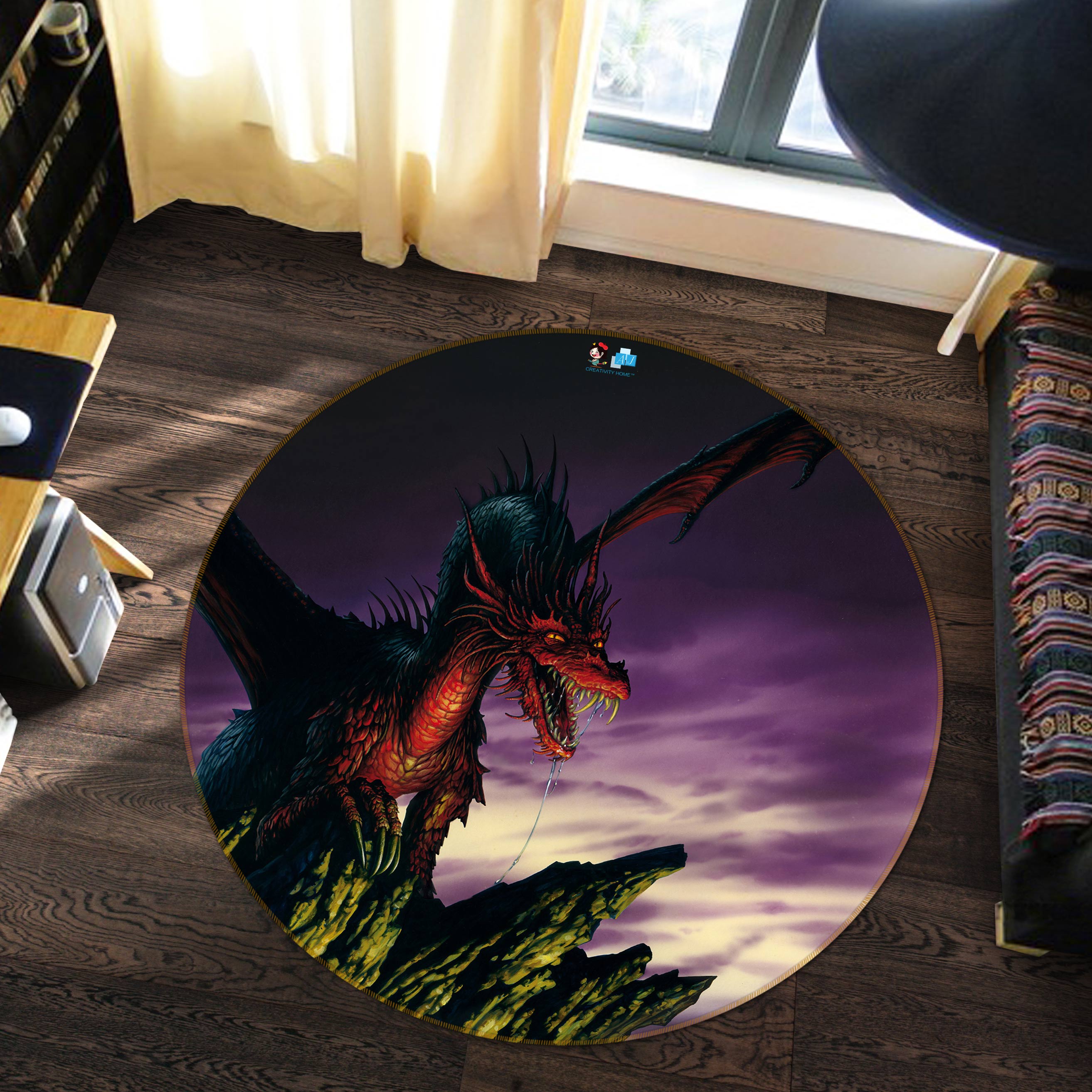 3D Red Dragon Mountain 6070 Ciruelo Rug Round Non Slip Rug Mat