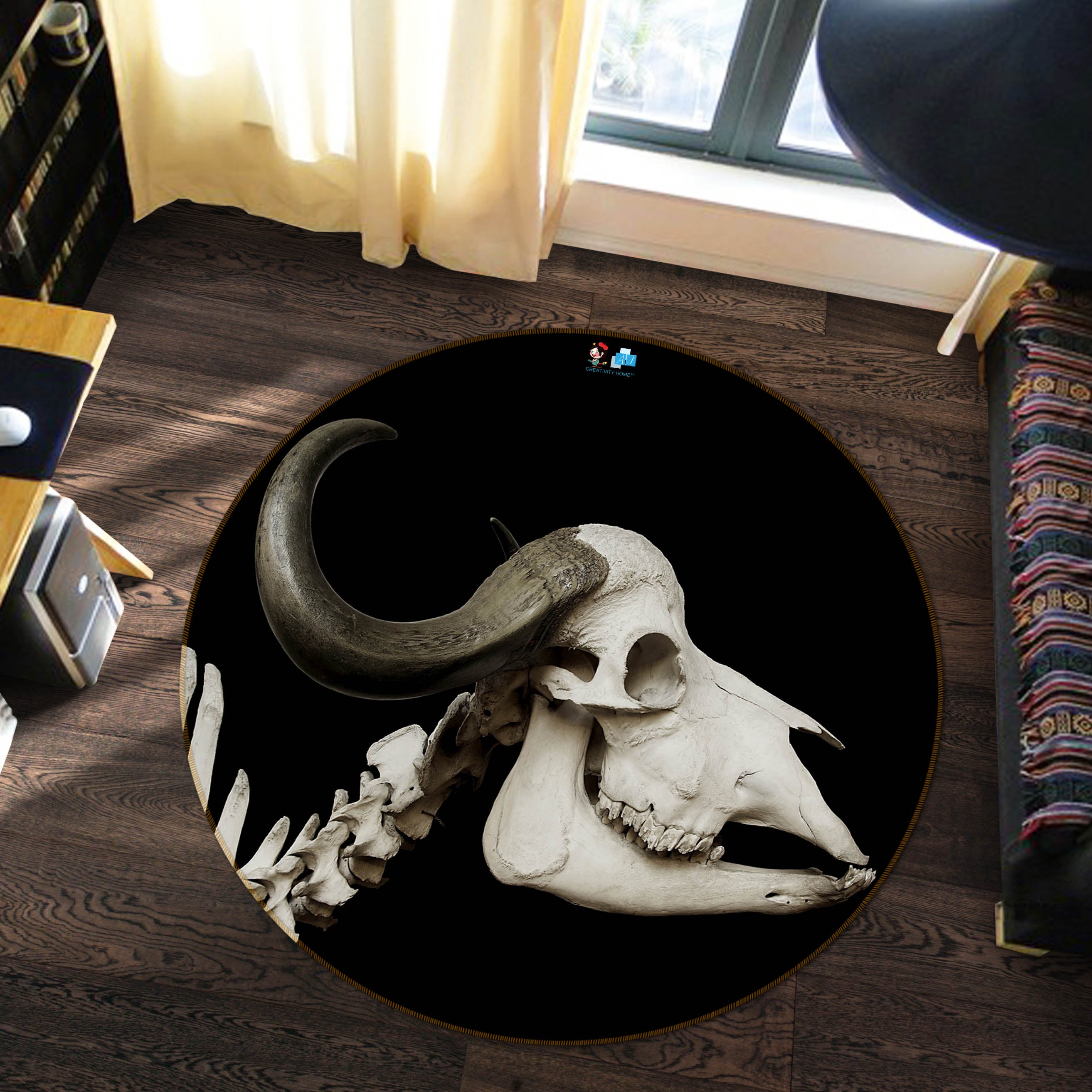 3D Cattle Skull 81283 Animal Round Non Slip Rug Mat