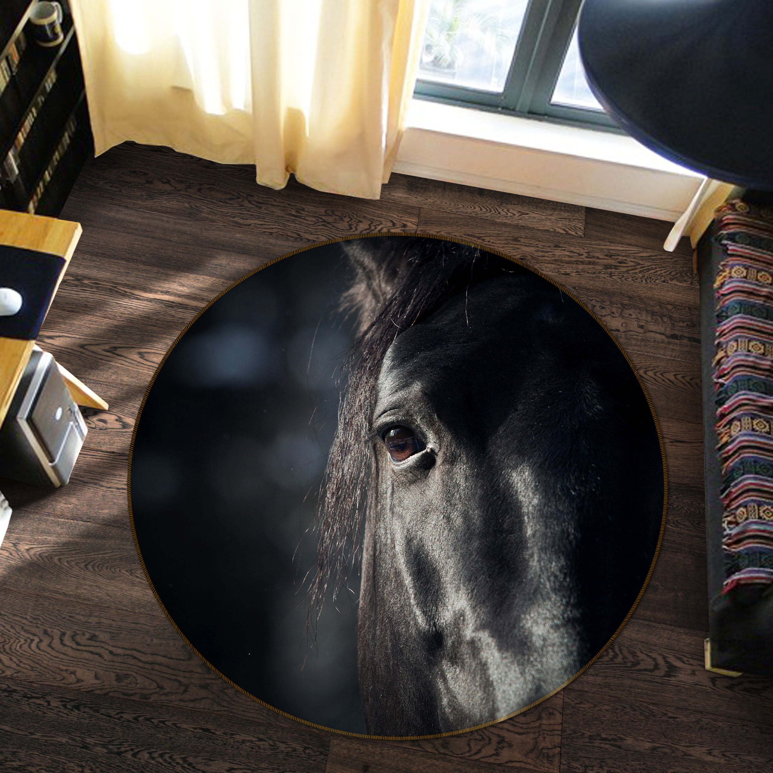 3D Dark Horse 37183 Animal Round Non Slip Rug Mat