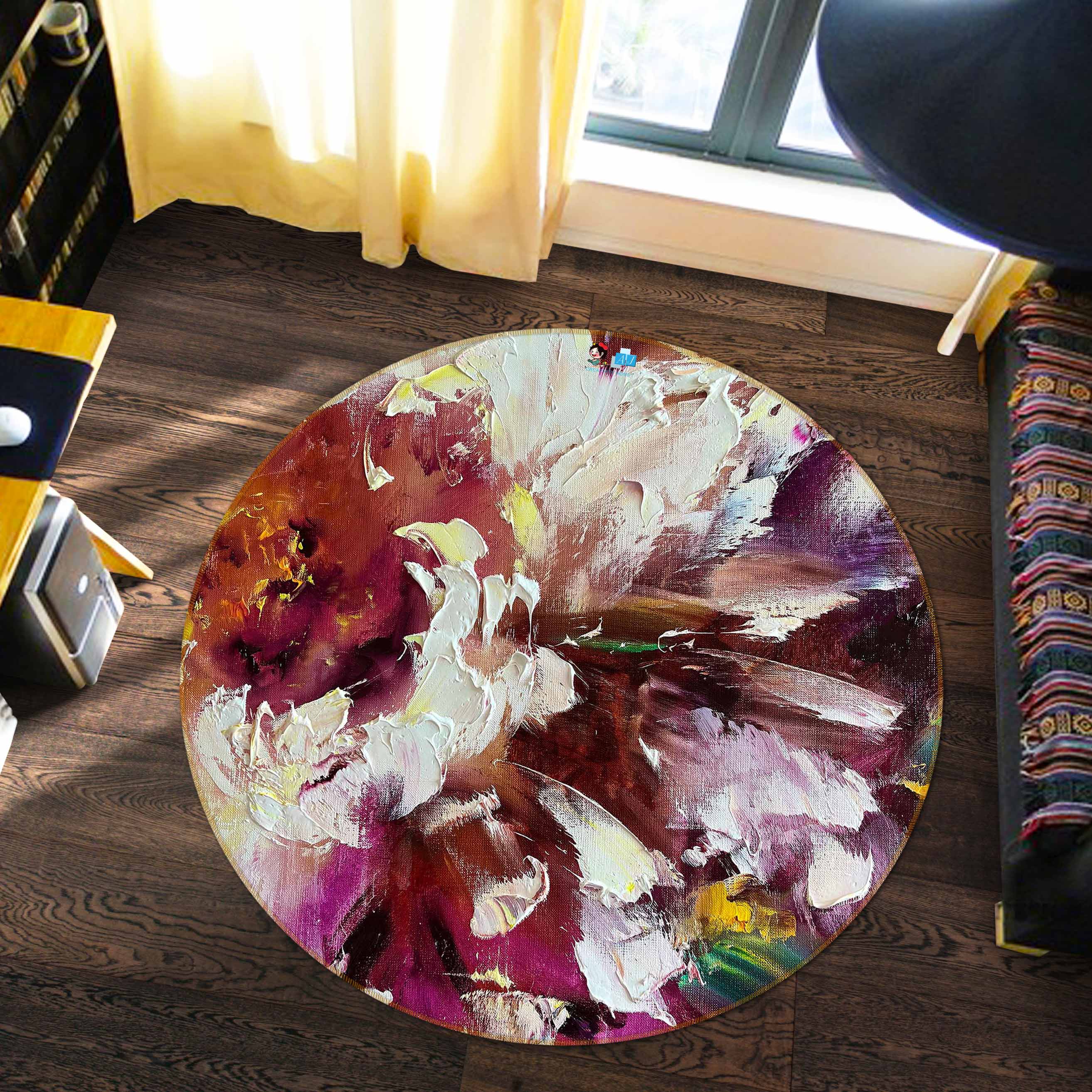 3D Flower Paint 735 Skromova Marina Rug Round Non Slip Rug Mat