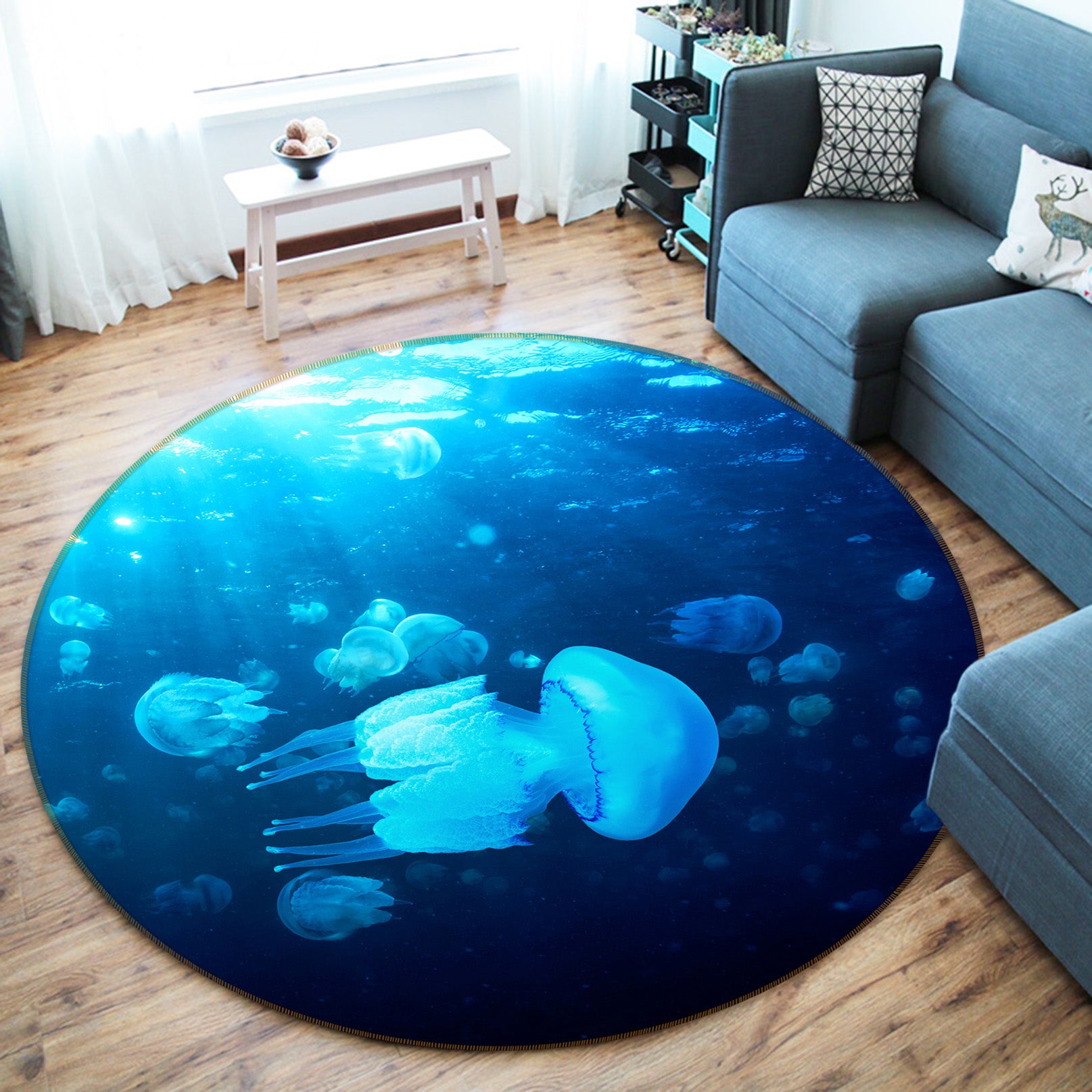 3D Jellyfish 38026 Animal Round Non Slip Rug Mat