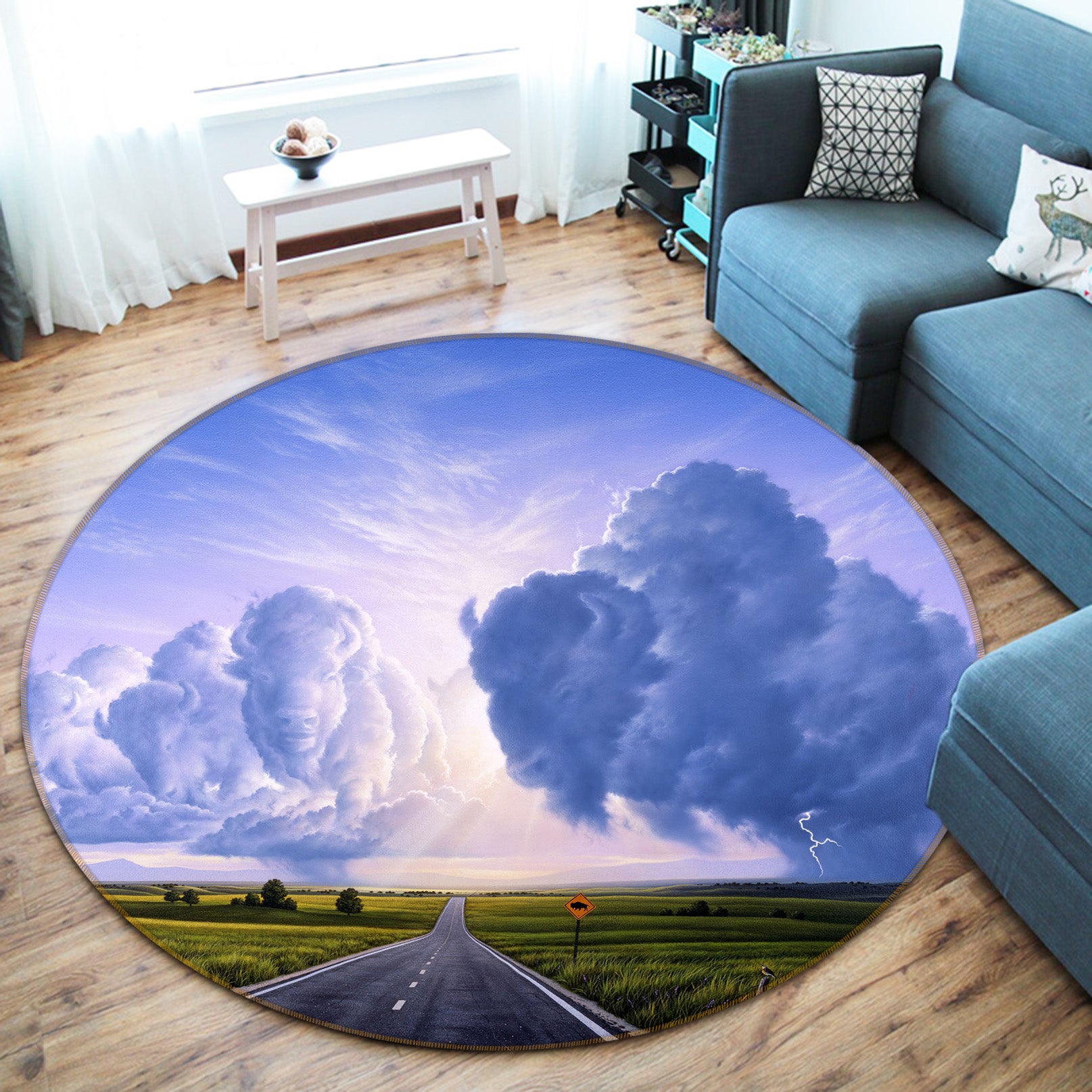 3D Highway Clouds 83121 Jerry LoFaro Rug Round Non Slip Rug Mat