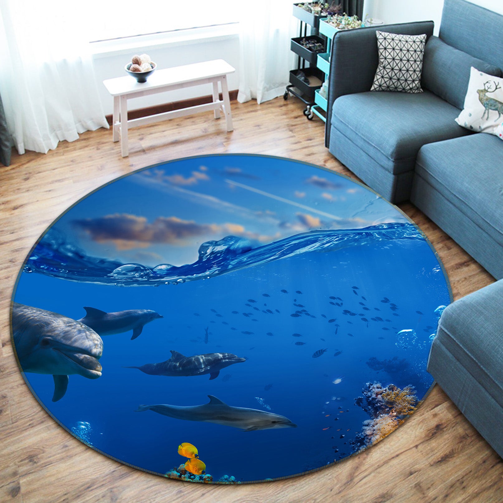 3D Seabed Dolphin 38088 Animal Round Non Slip Rug Mat