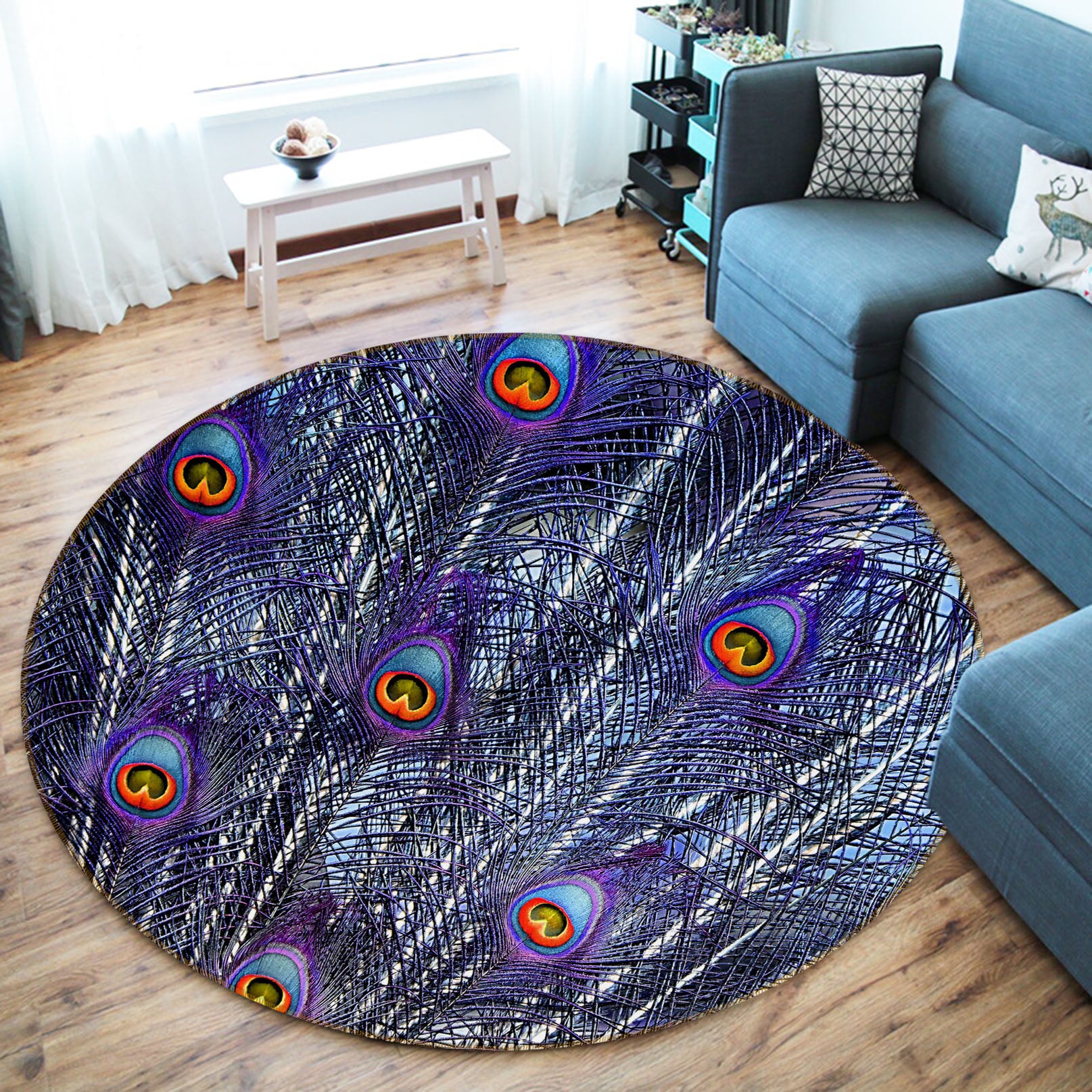 3D Peacock Feather 82038 Animal Round Non Slip Rug Mat