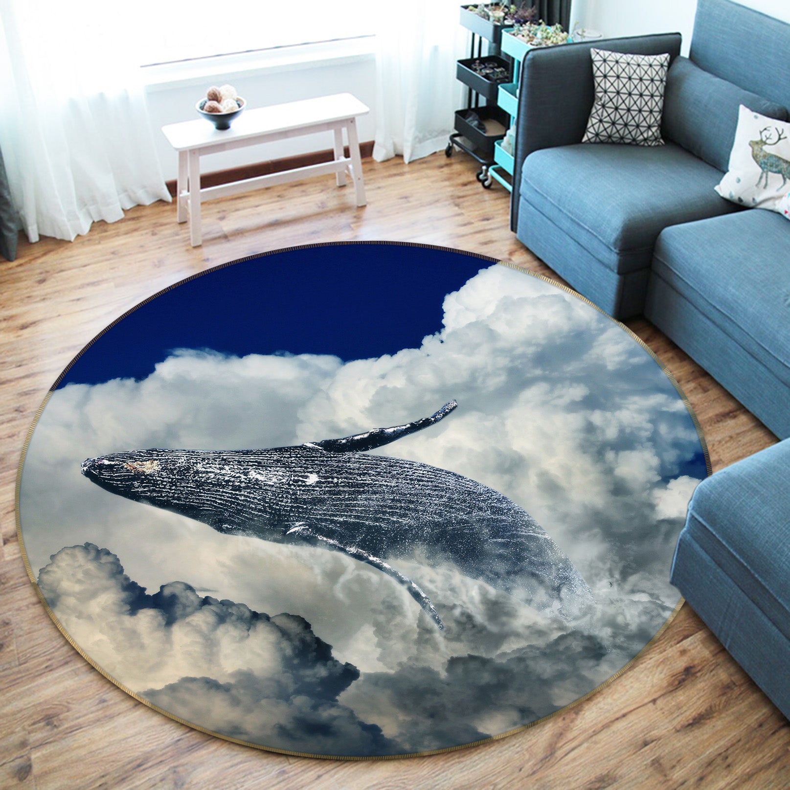 3D Sky Clouds Whale 82056 Animal Round Non Slip Rug Mat