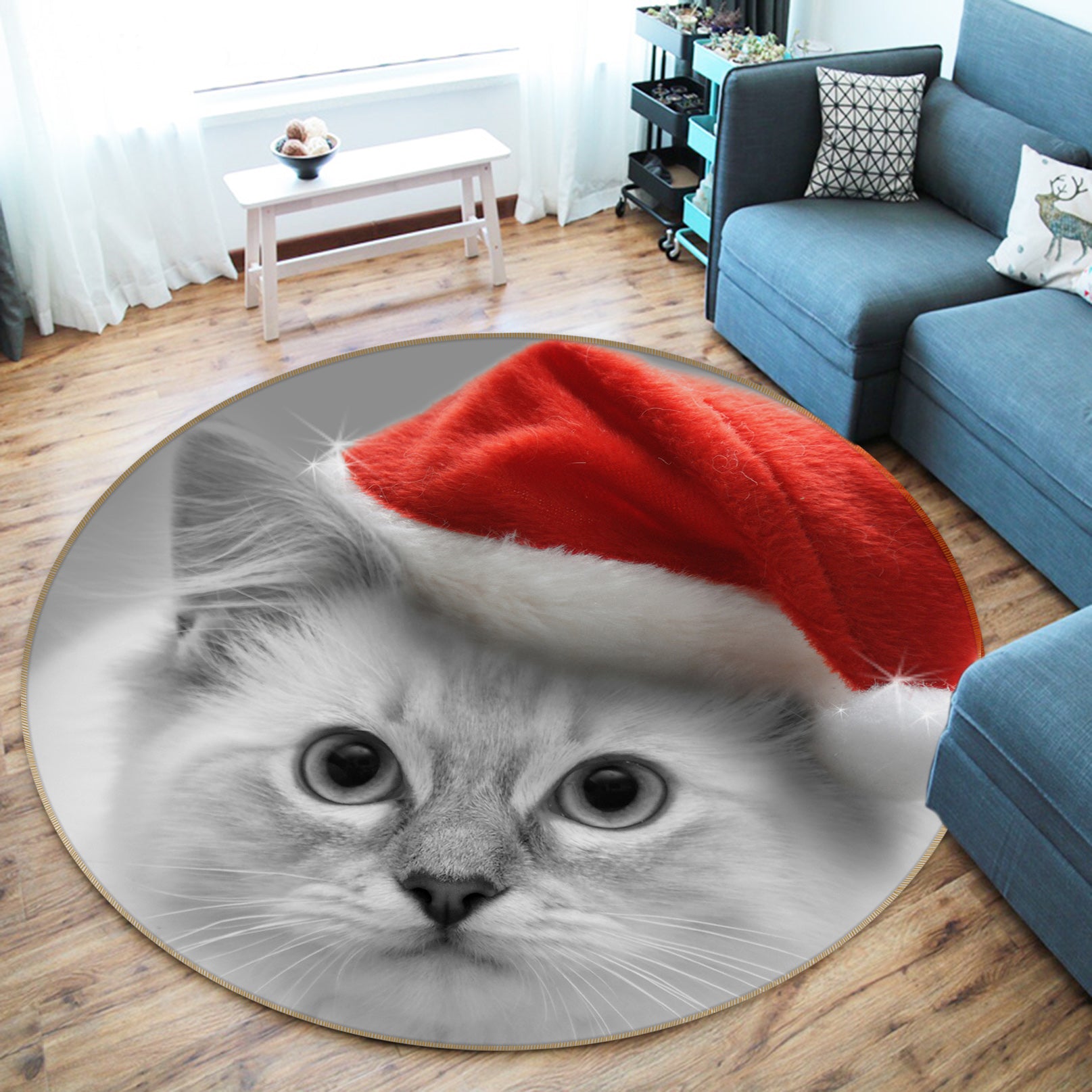 3D Cat Red Hat 82010 Animal Round Non Slip Rug Mat