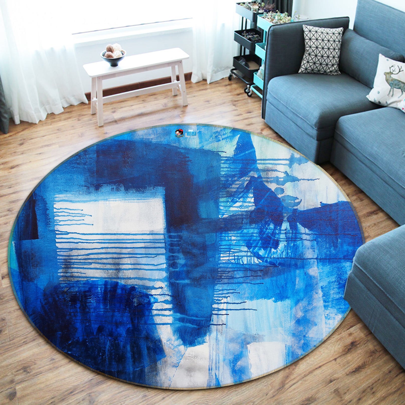 3D Blue Watercolor 4594 Misako Chida Rug Round Non Slip Rug Mat