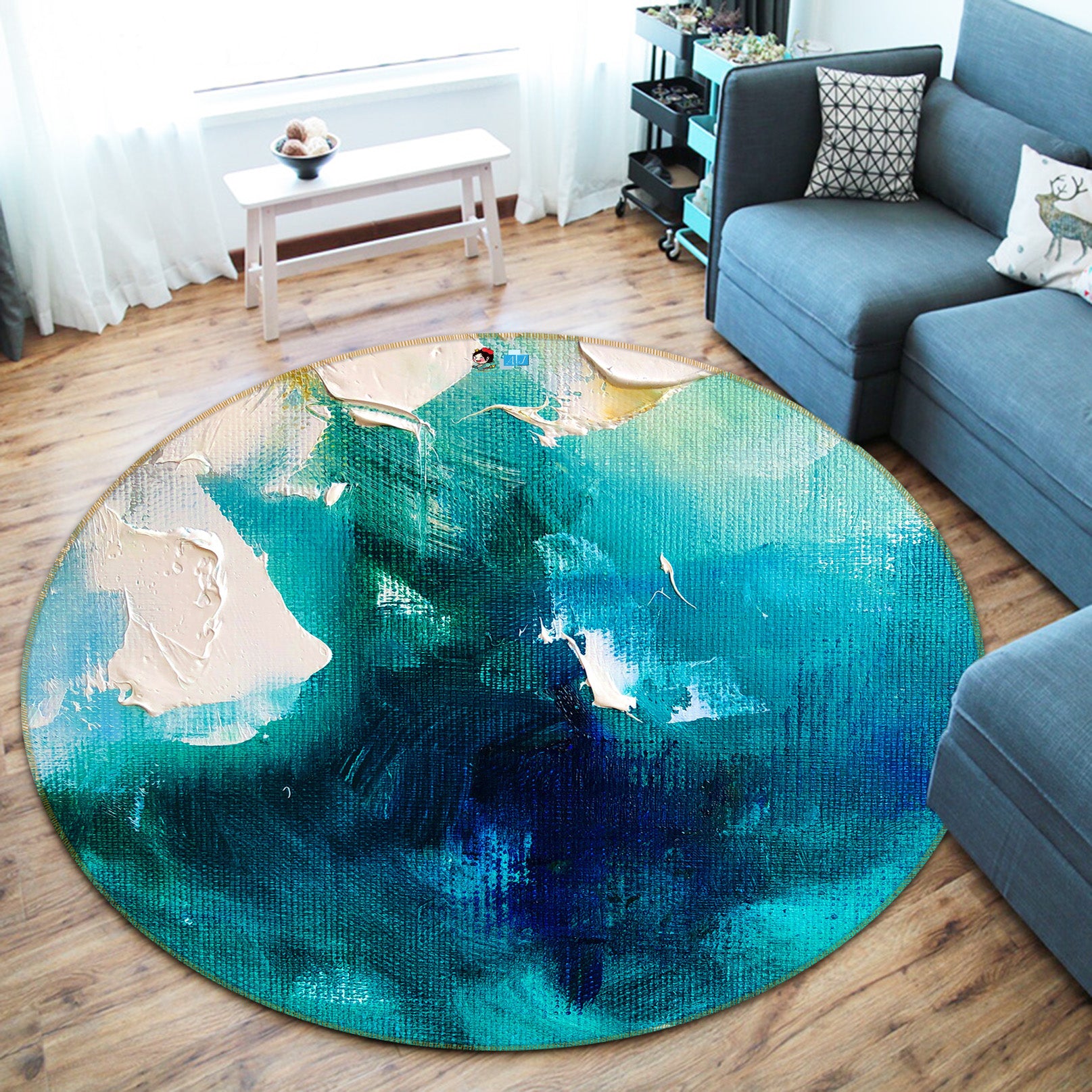 3D Blue Oil Painting 893 Skromova Marina Rug Round Non Slip Rug Mat