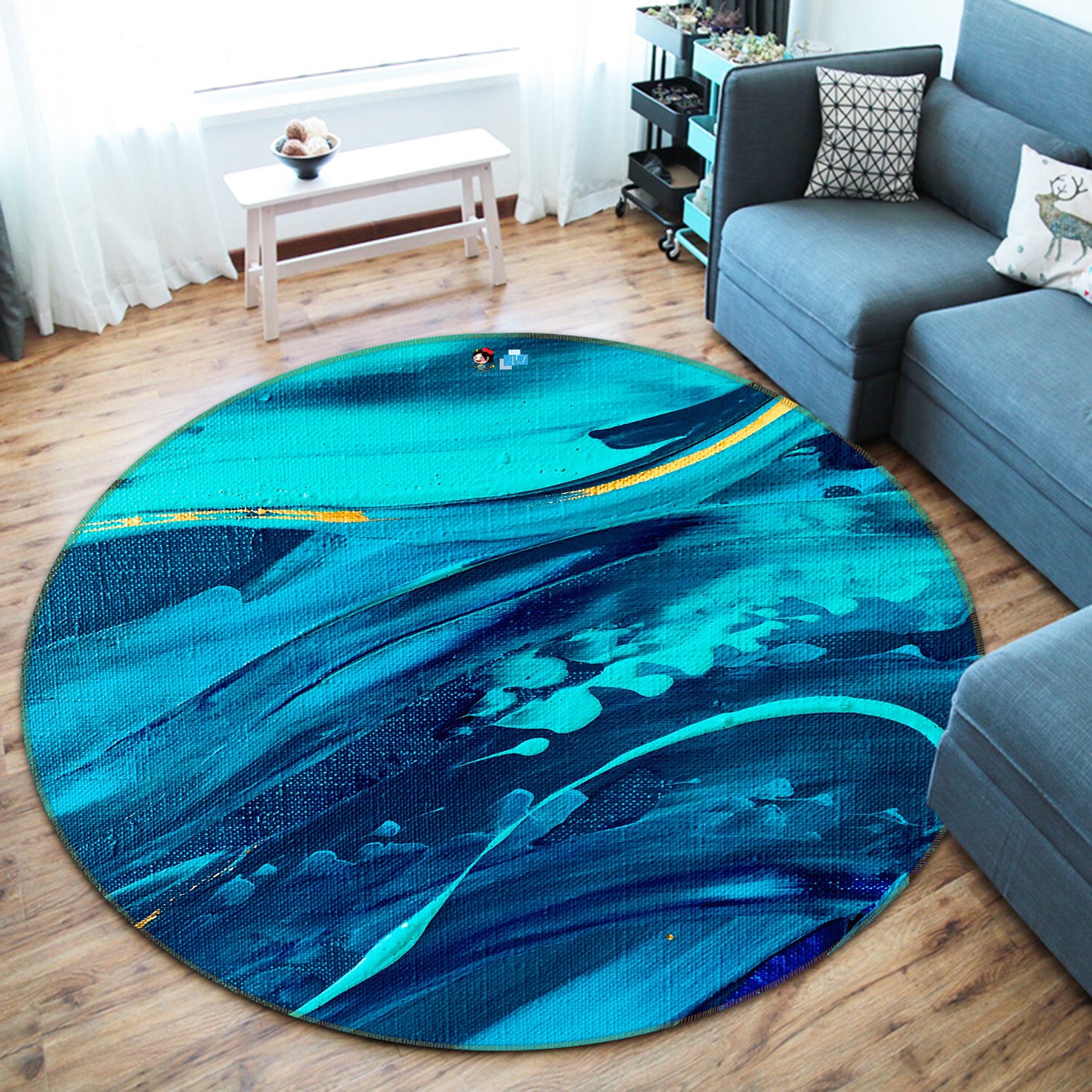 3D Blue Texture 737 Skromova Marina Rug Round Non Slip Rug Mat