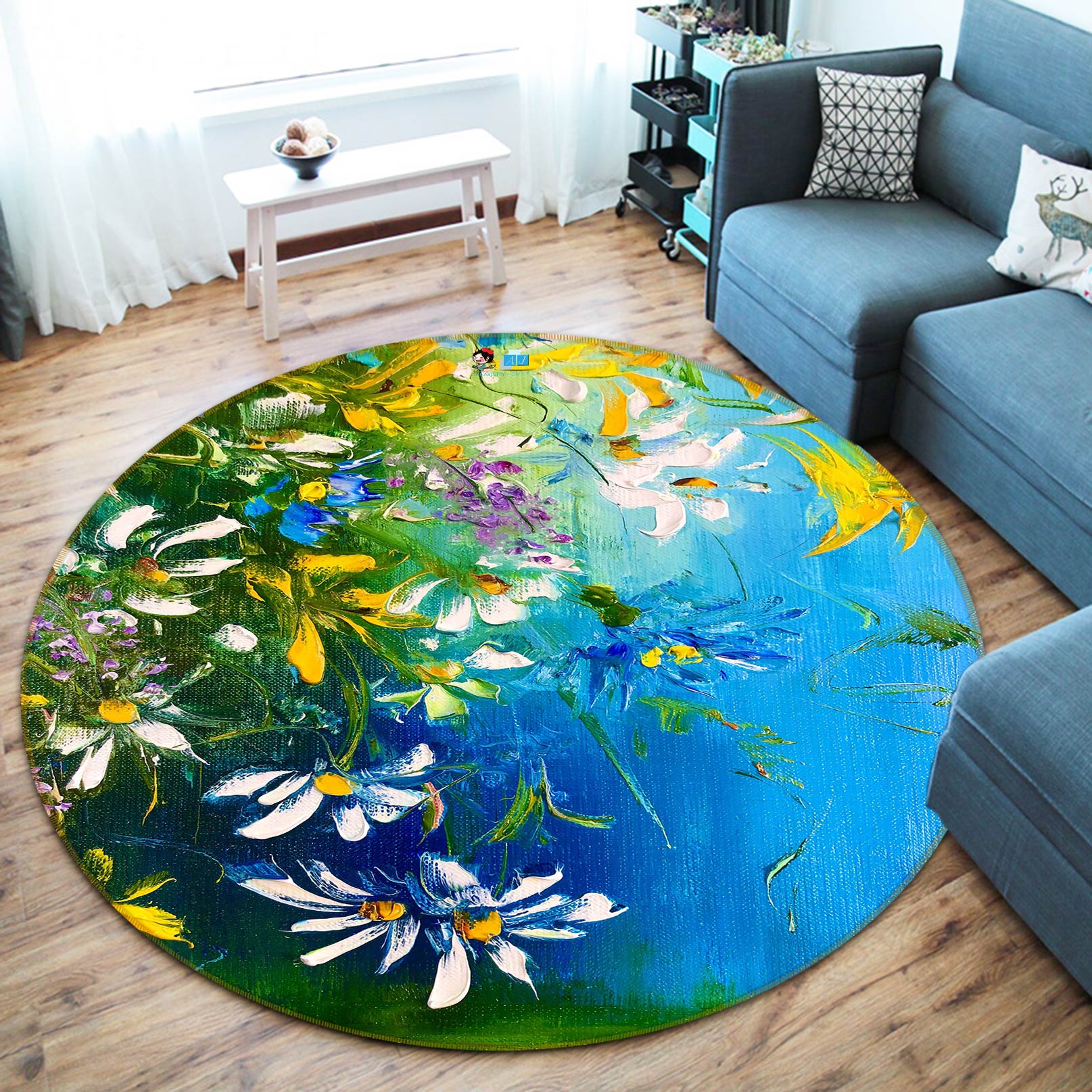 3D Daisy Leaves 745 Skromova Marina Rug Round Non Slip Rug Mat