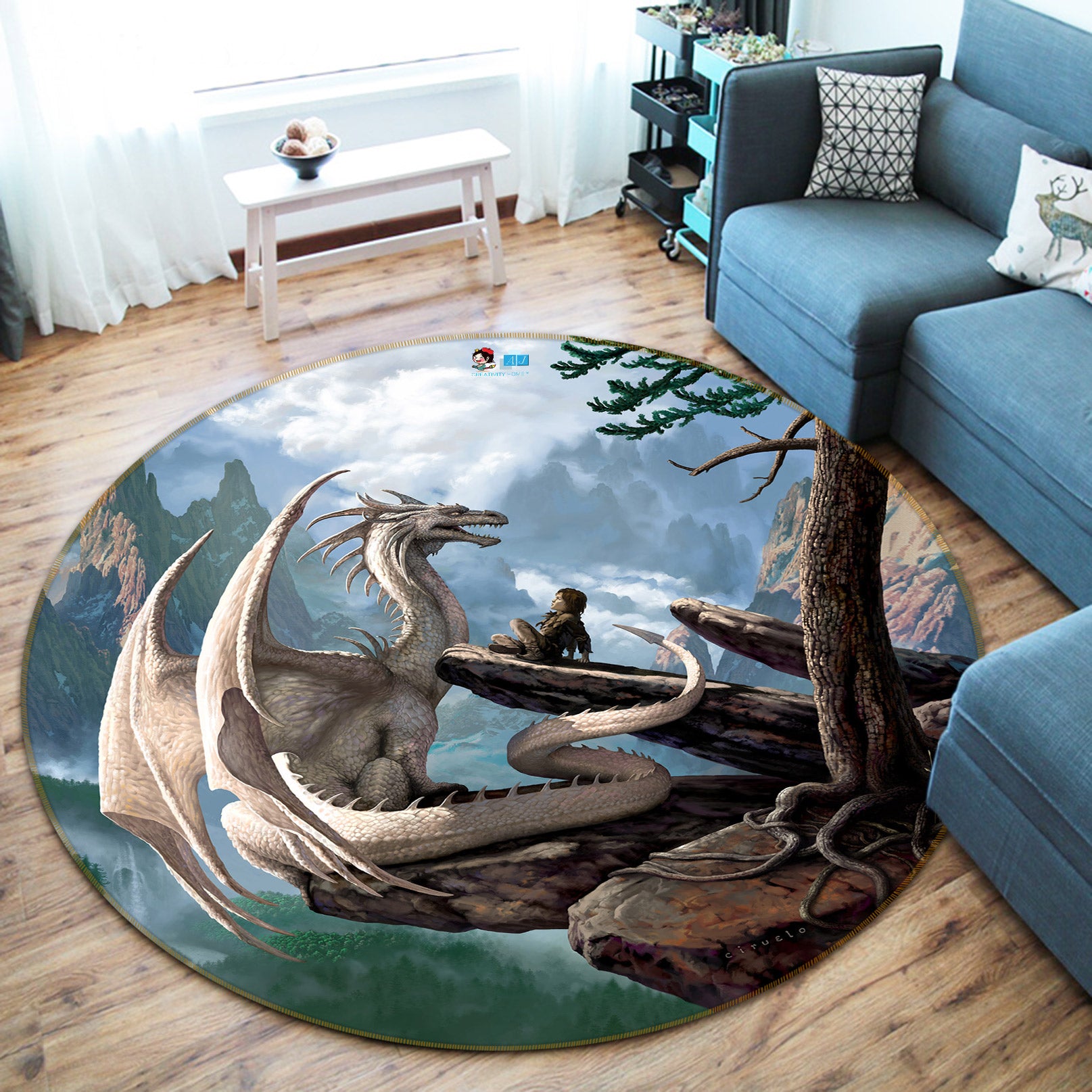 3D Trees White Dragon 6111 Ciruelo Rug Round Non Slip Rug Mat