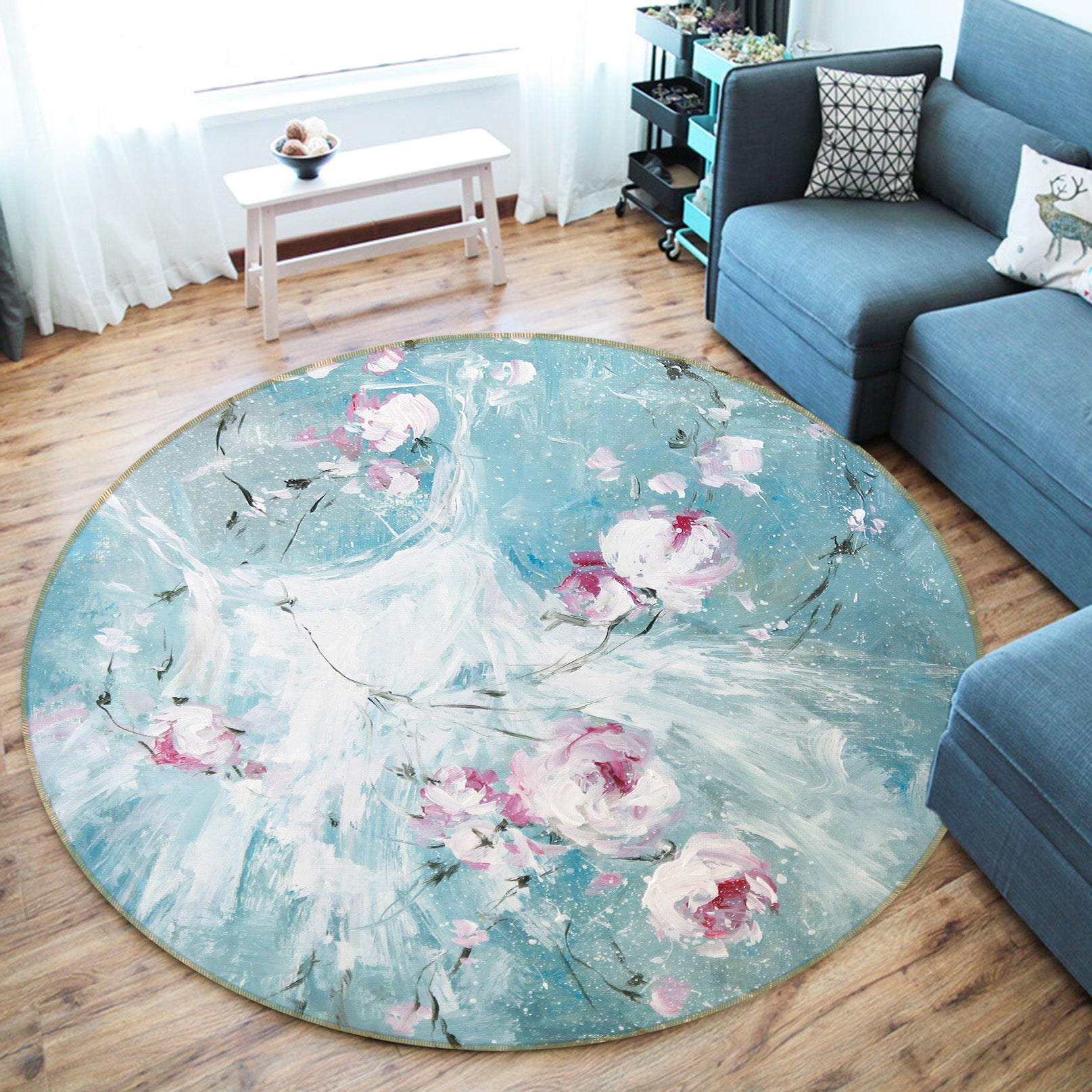 3D Petal Flower White Dress 1105 Debi Coules Rug Round Non Slip Rug Mat