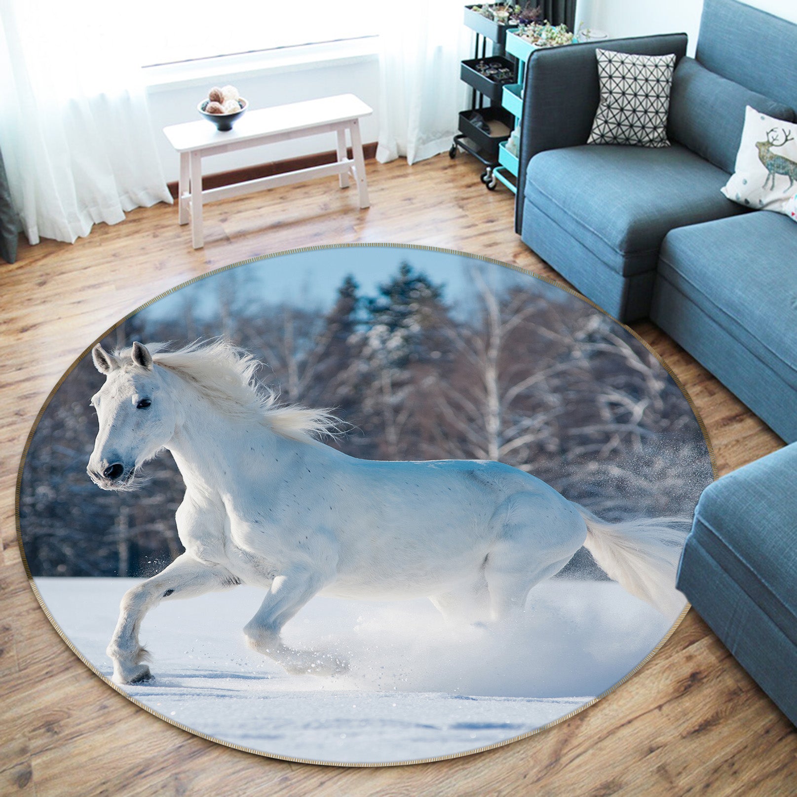 3D White Horse 37154 Animal Round Non Slip Rug Mat