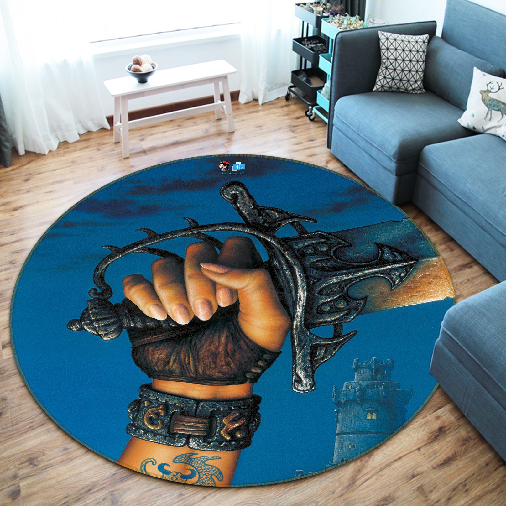 3D Sword In Hand 6059 Ciruelo Rug Round Non Slip Rug Mat