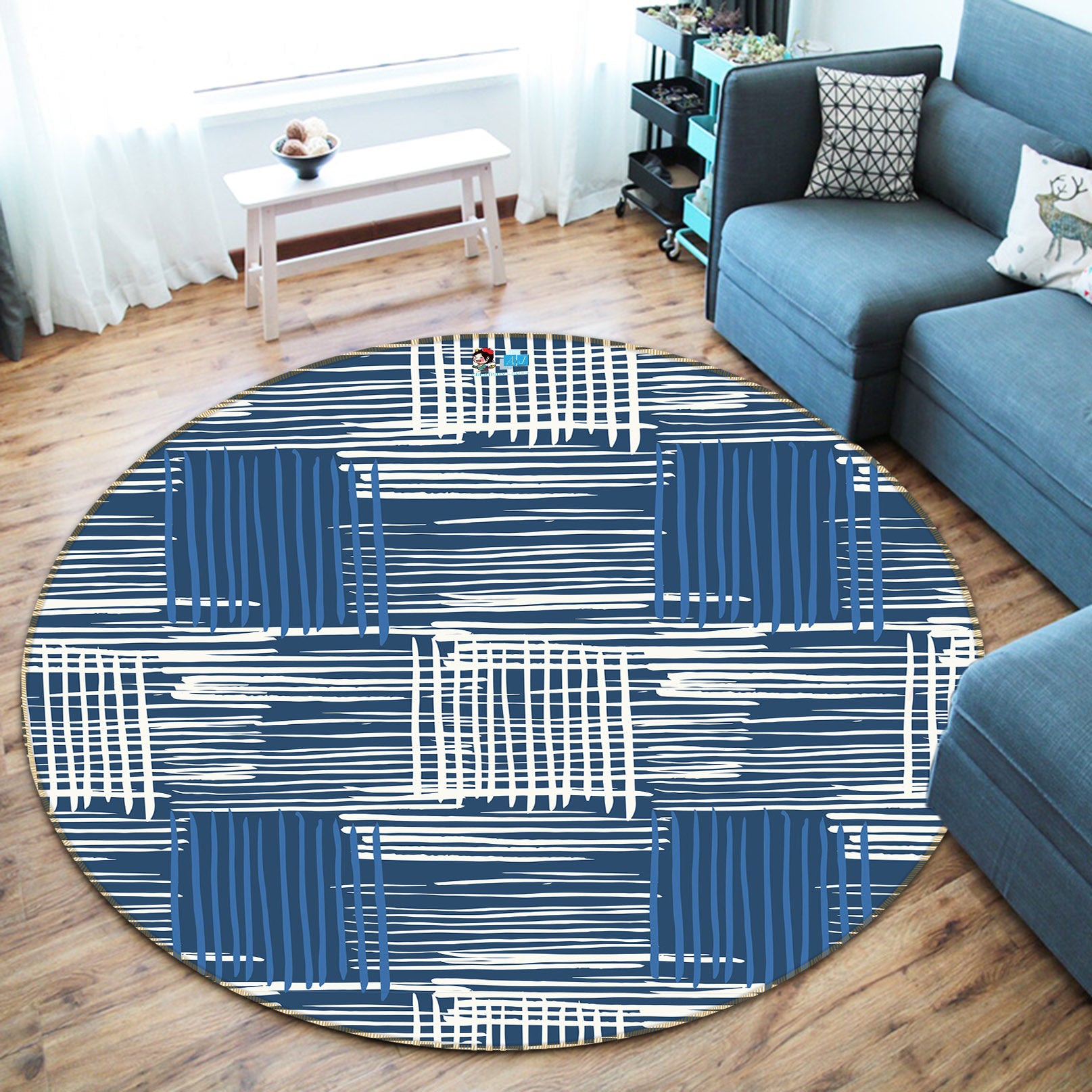 3D Blue White Striped Lines 10525 Kashmira Jayaprakash Rug Round Non Slip Rug Mat