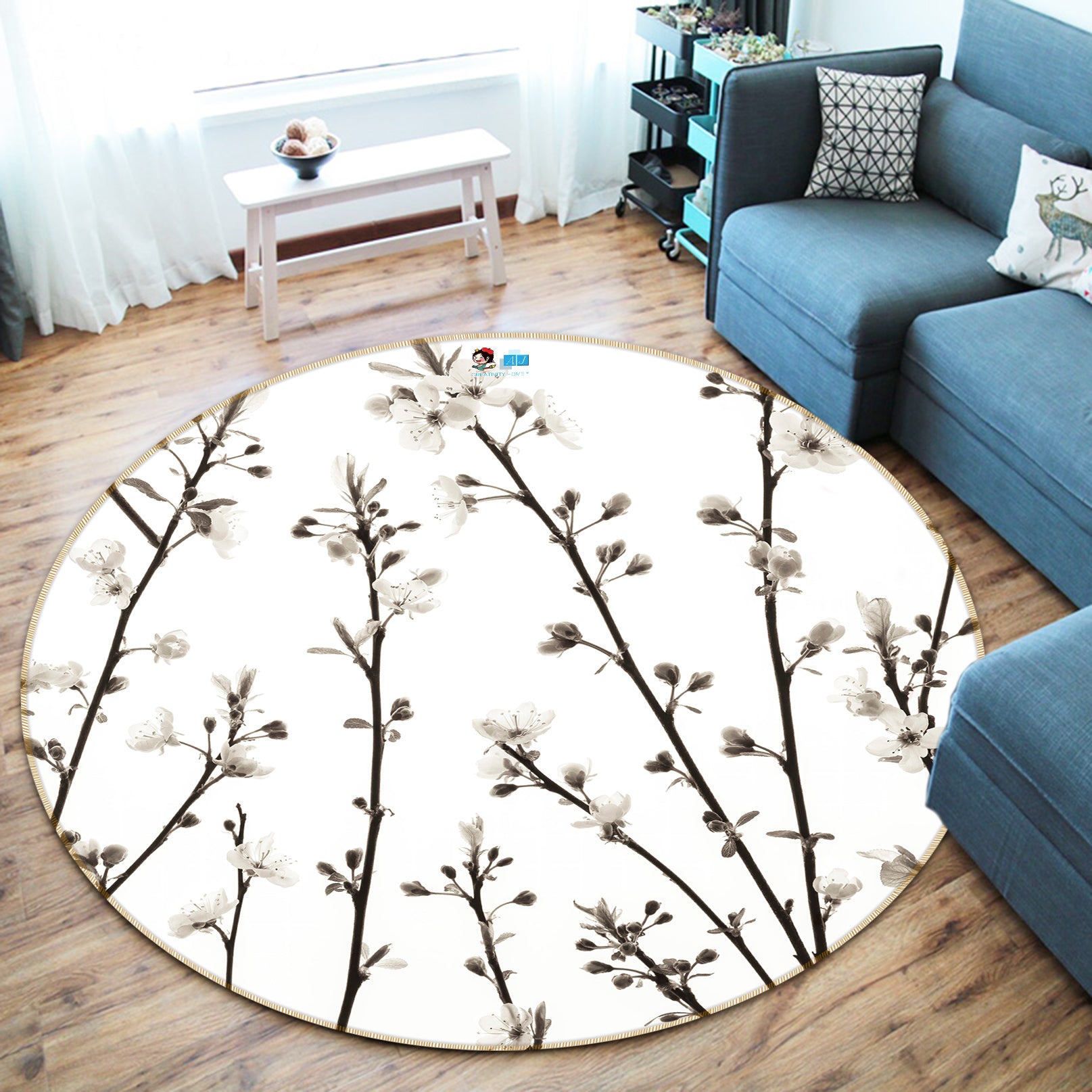 3D White Flower Branch 7503 Assaf Frank Rug Round Non Slip Rug Mat