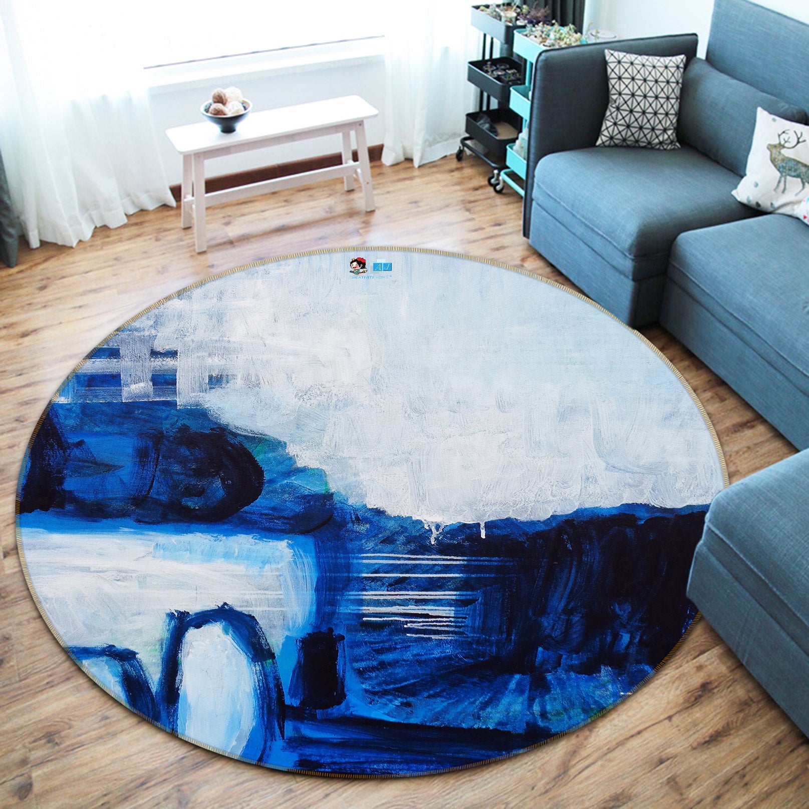 3D Blue Paint 1375 Misako Chida Rug Round Non Slip Rug Mat