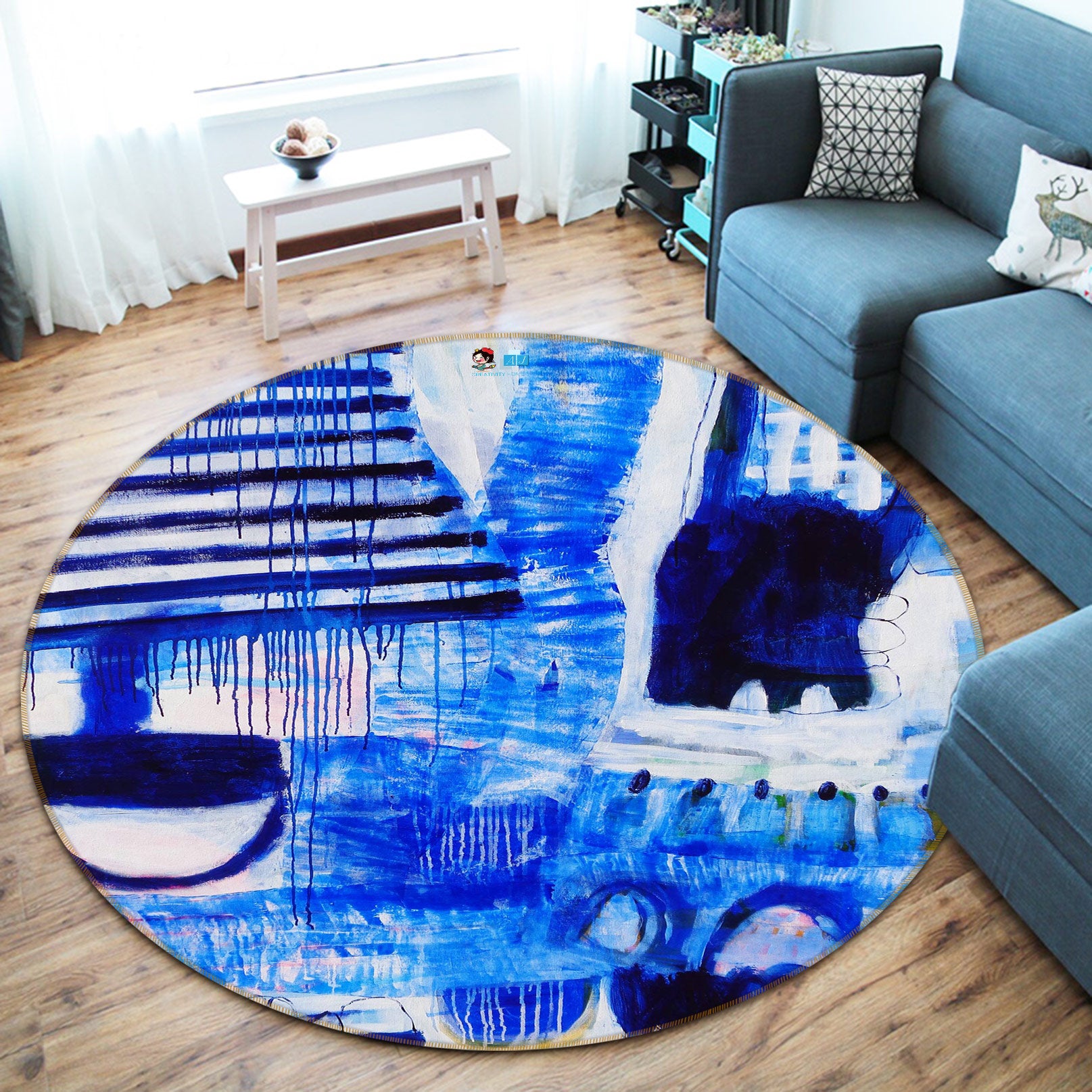 3D Blue Watercolor 1381 Misako Chida Rug Round Non Slip Rug Mat