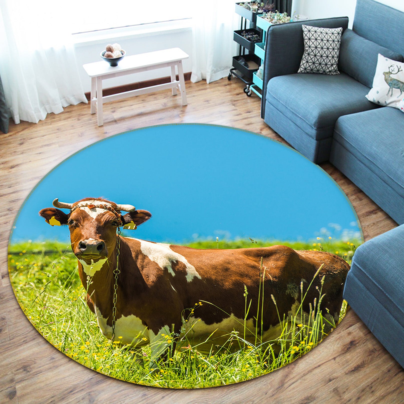 3D Cow Grass 82178 Animal Round Non Slip Rug Mat