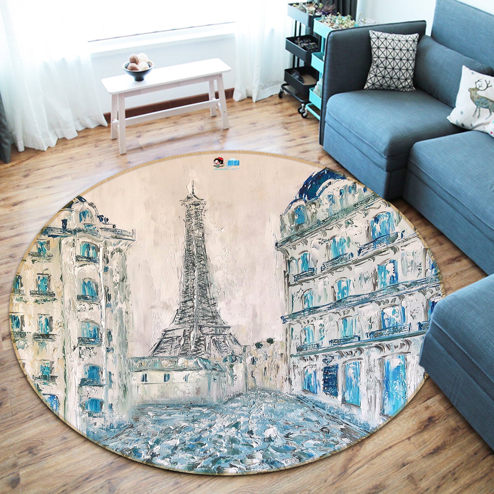 3D Eiffel Tower 754 Skromova Marina Rug Round Non Slip Rug Mat