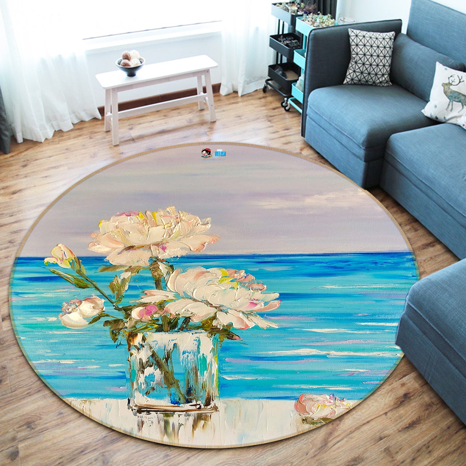 3D Blue Ocean Flower 785 Skromova Marina Rug Round Non Slip Rug Mat