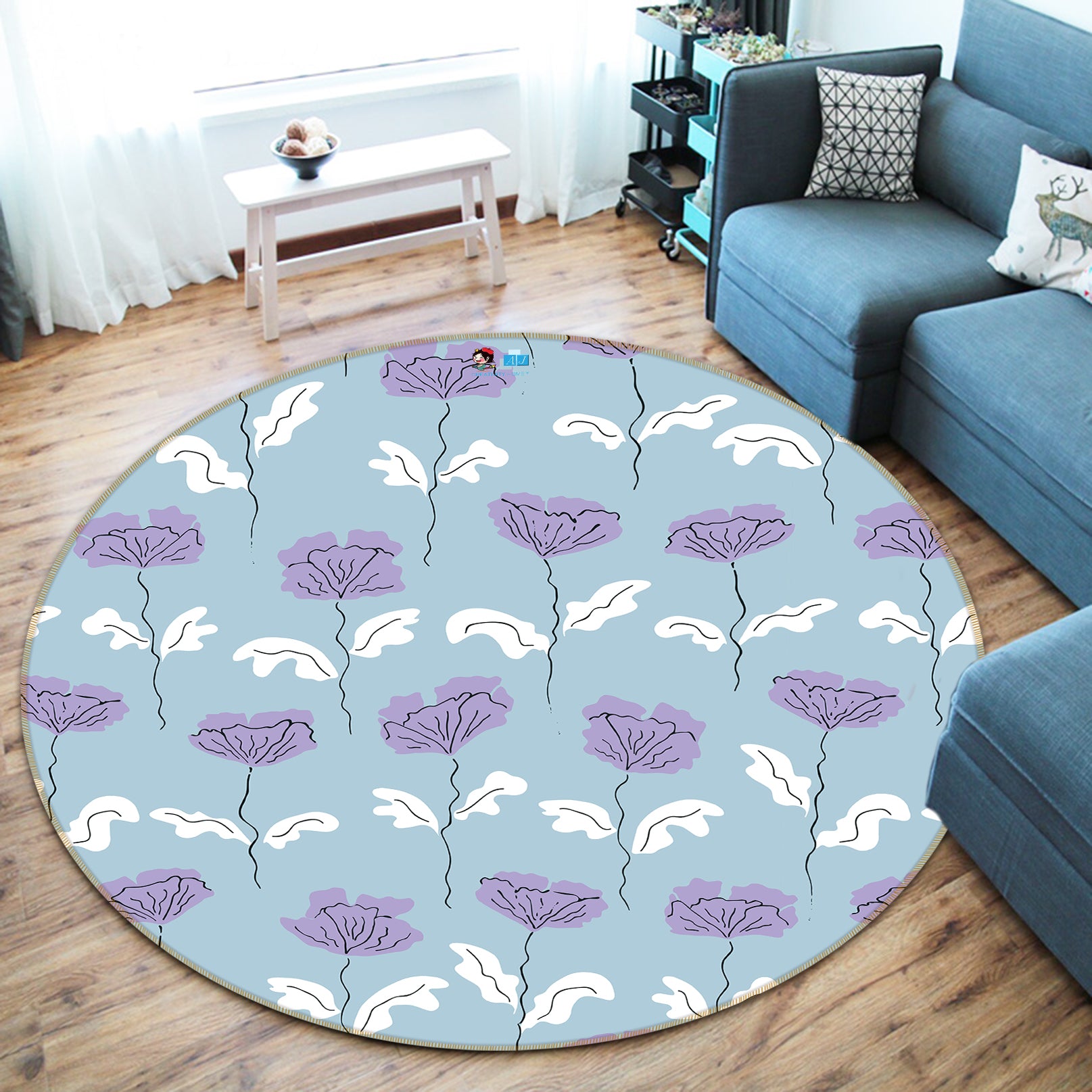 3D Purple Flowers 10560 Kashmira Jayaprakash Rug Round Non Slip Rug Mat