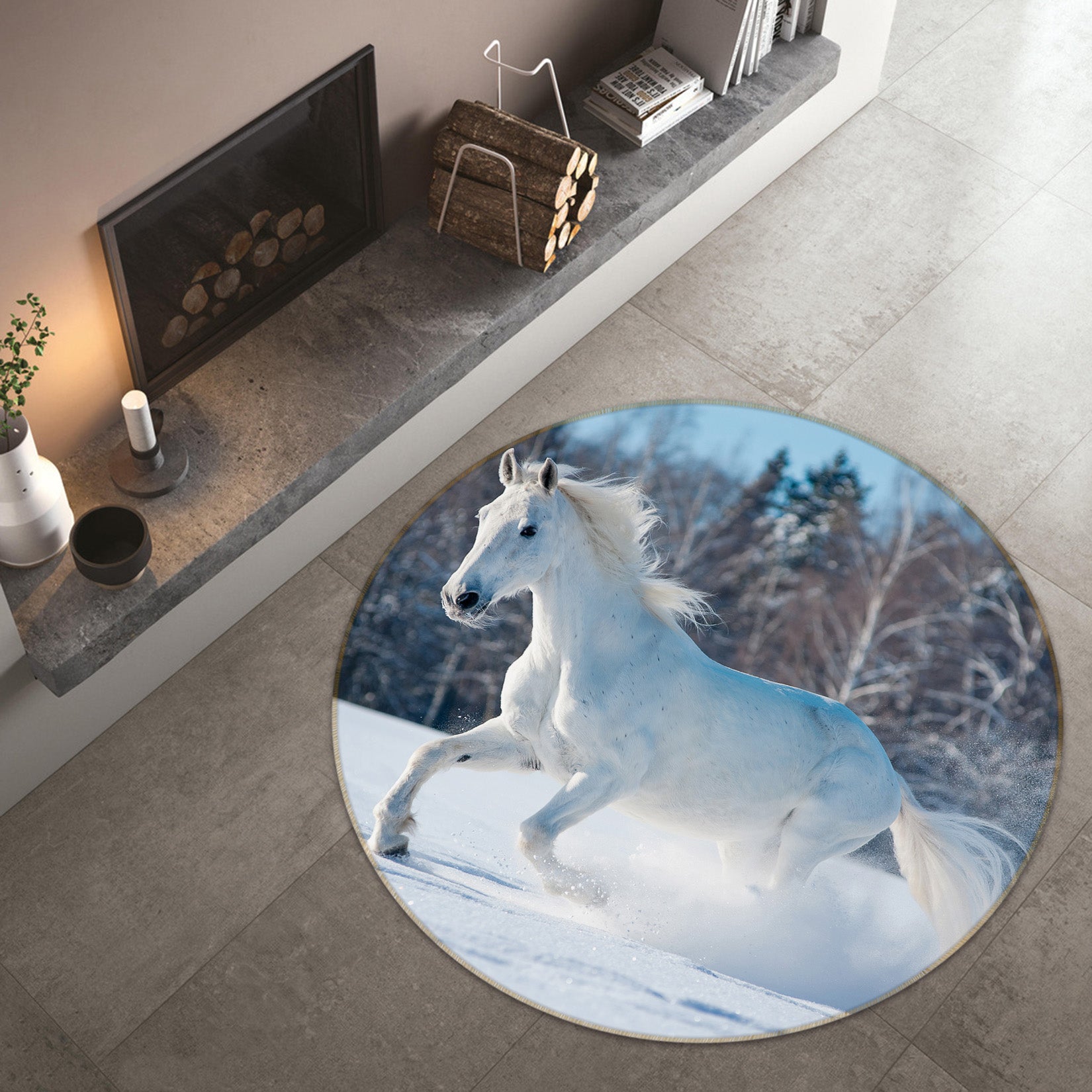 3D White Horse 37154 Animal Round Non Slip Rug Mat