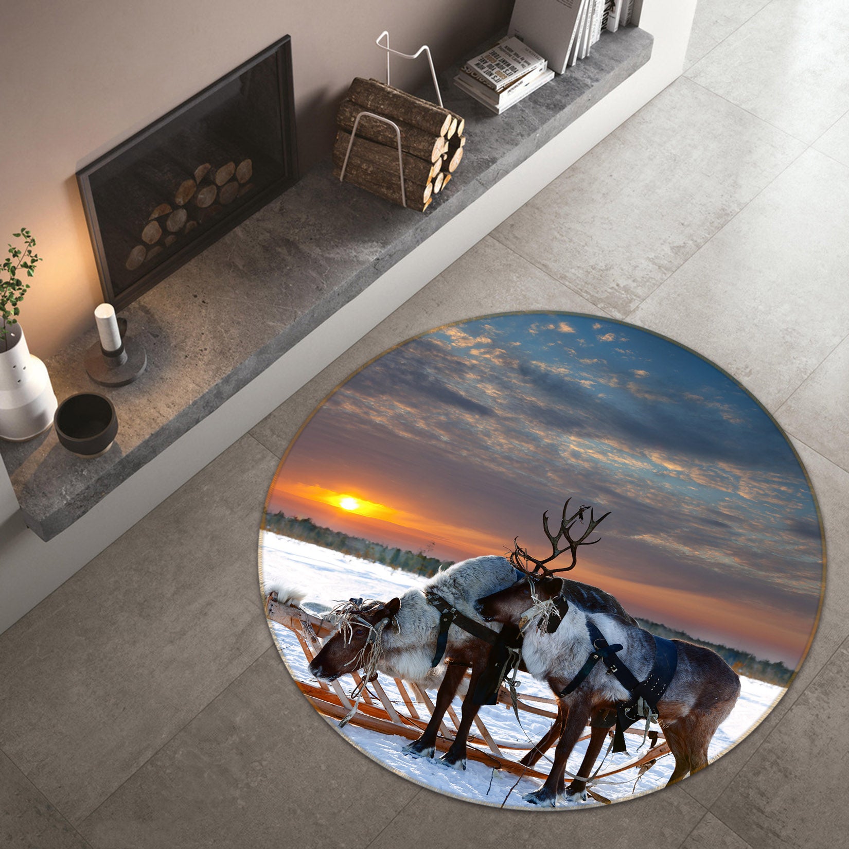 3D Snow Elk 38046 Animal Round Non Slip Rug Mat