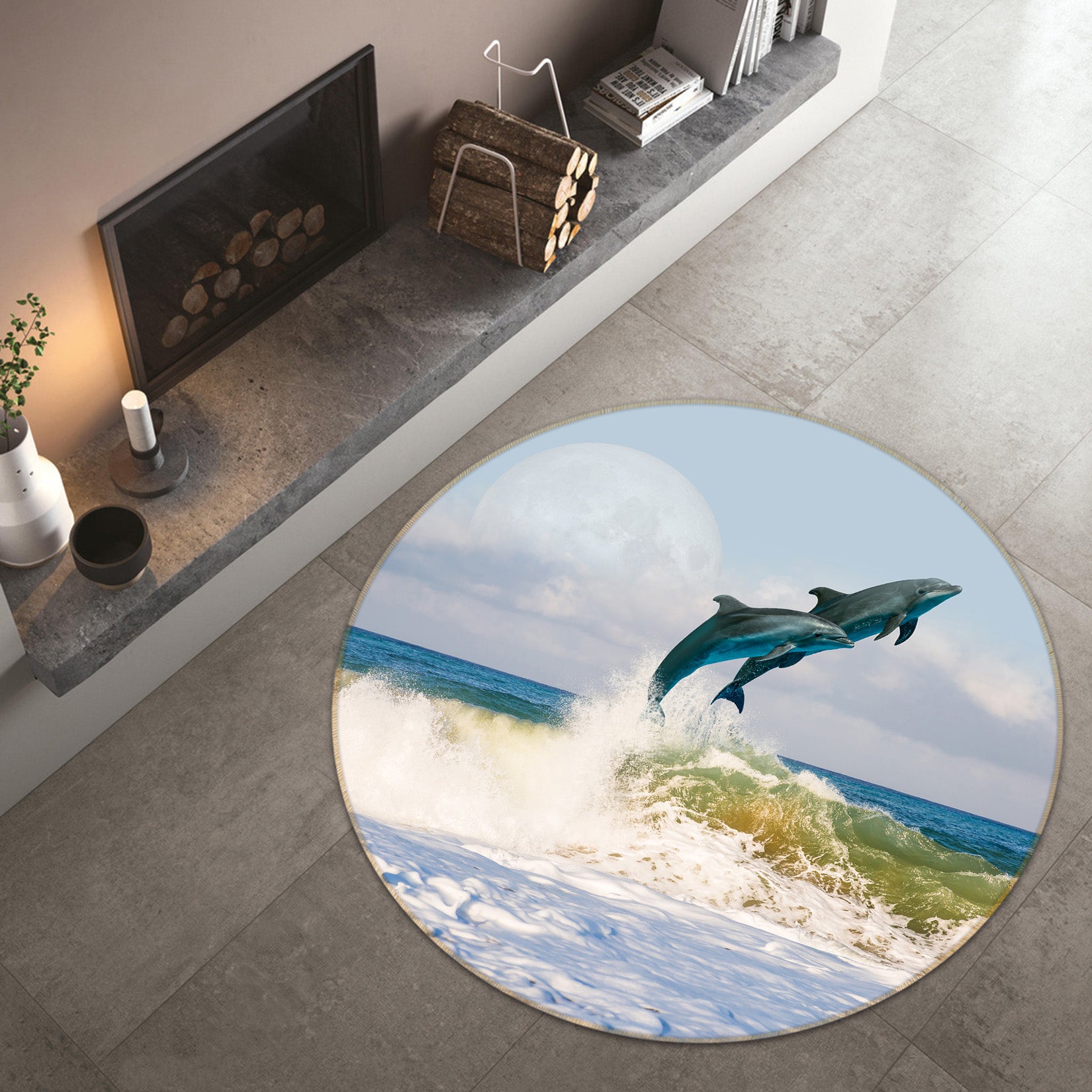 3D Jumping Dolphin 38087 Animal Round Non Slip Rug Mat