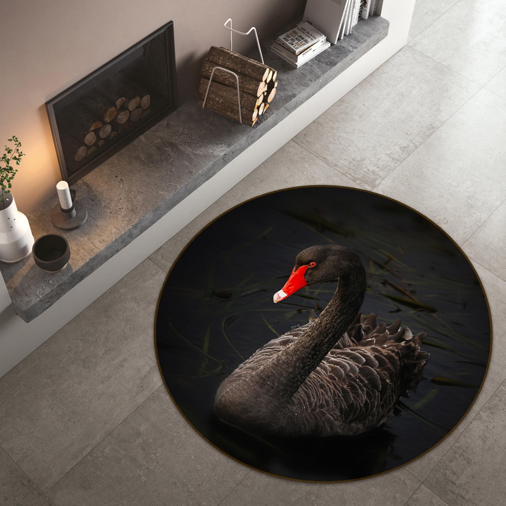 3D Black Swan 81280 Animal Round Non Slip Rug Mat