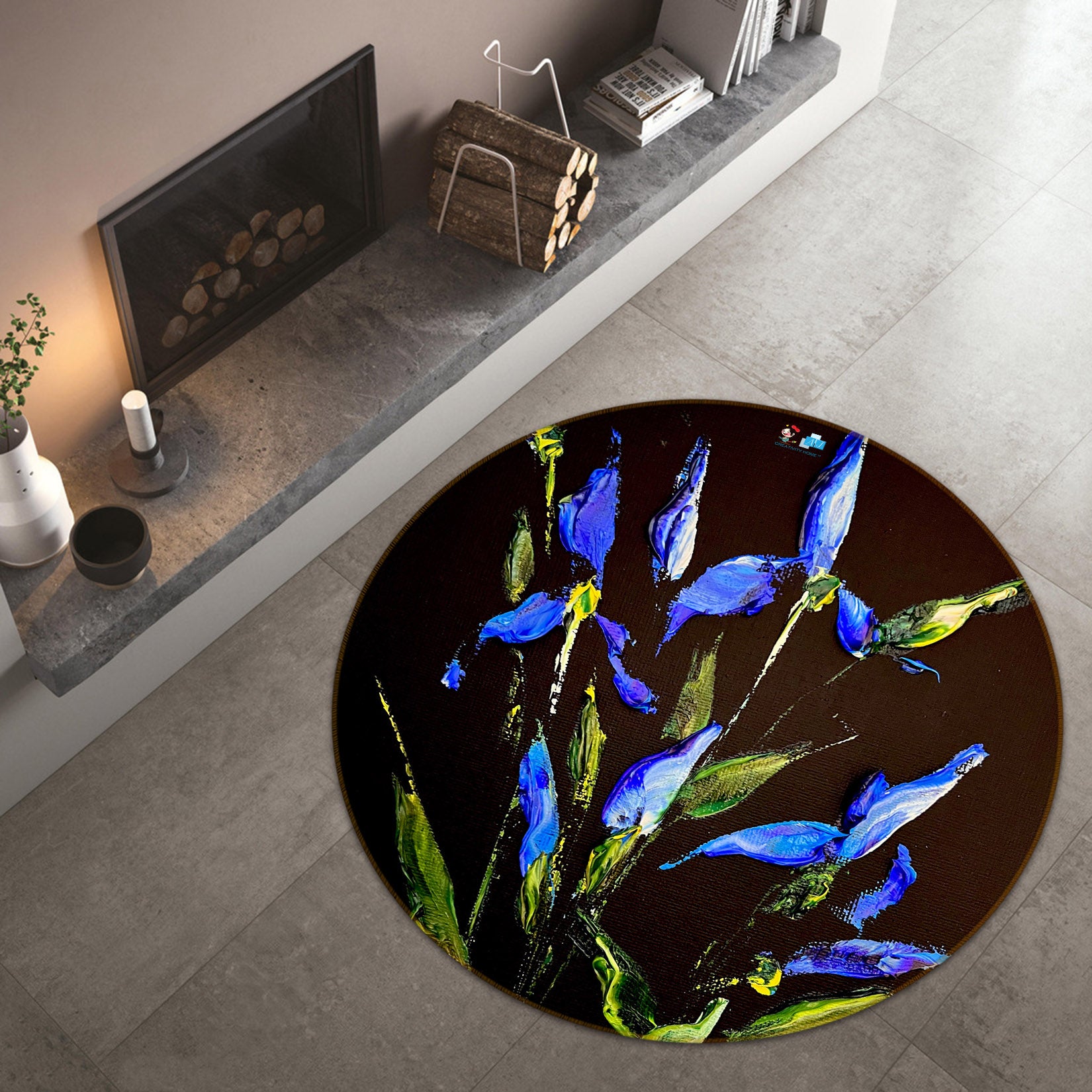 3D Blue Flower 3878 Skromova Marina Rug Round Non Slip Rug Mat