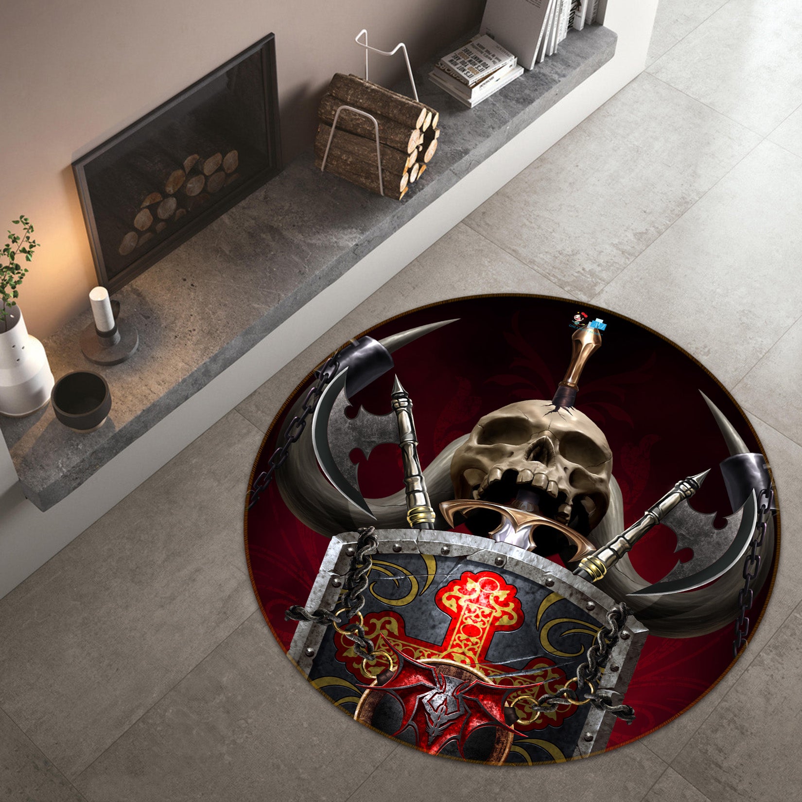 3D Metal Shield Skull 4184 Tom Wood Rug Round Non Slip Rug Mat