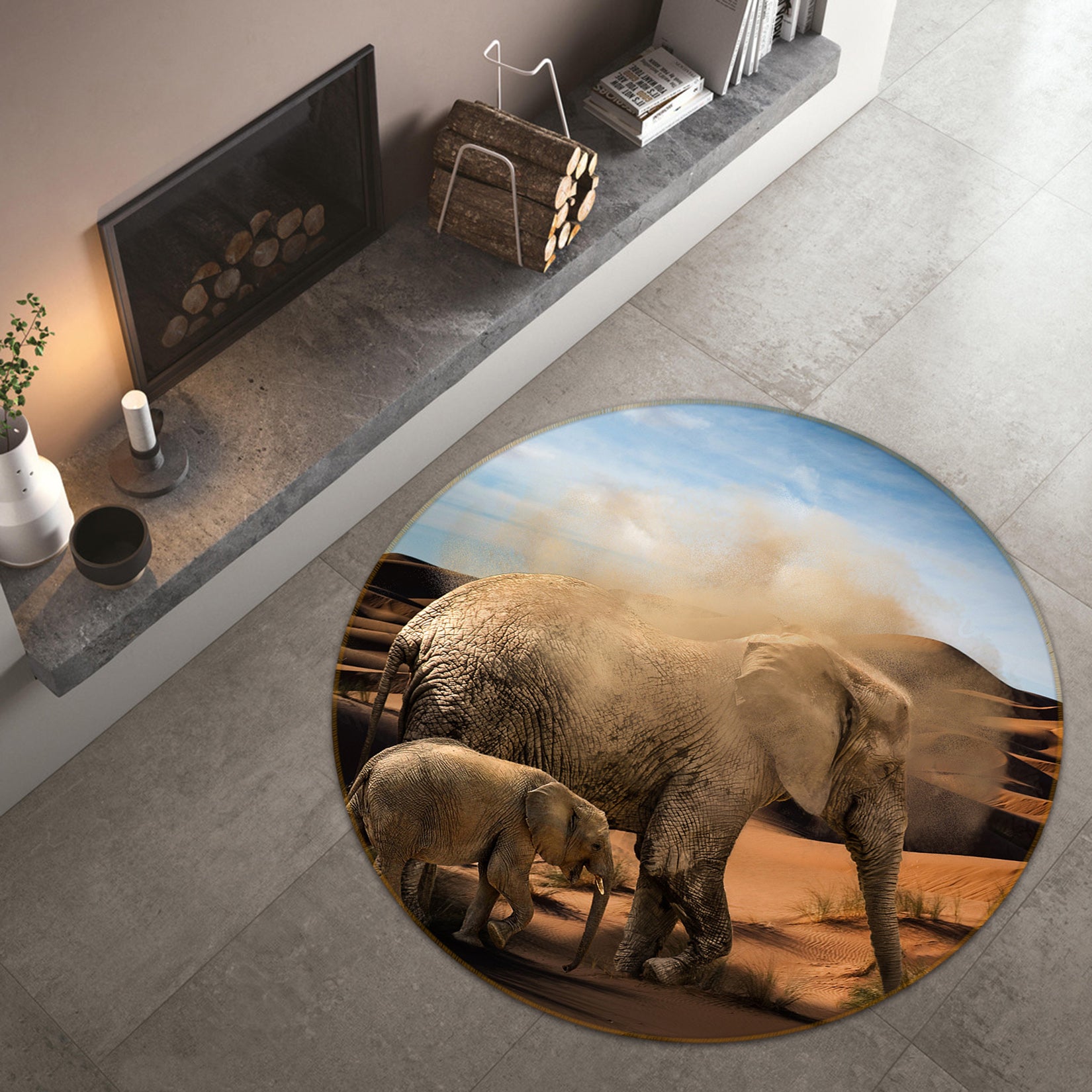 3D Elephant Desert 82214 Animal Round Non Slip Rug Mat