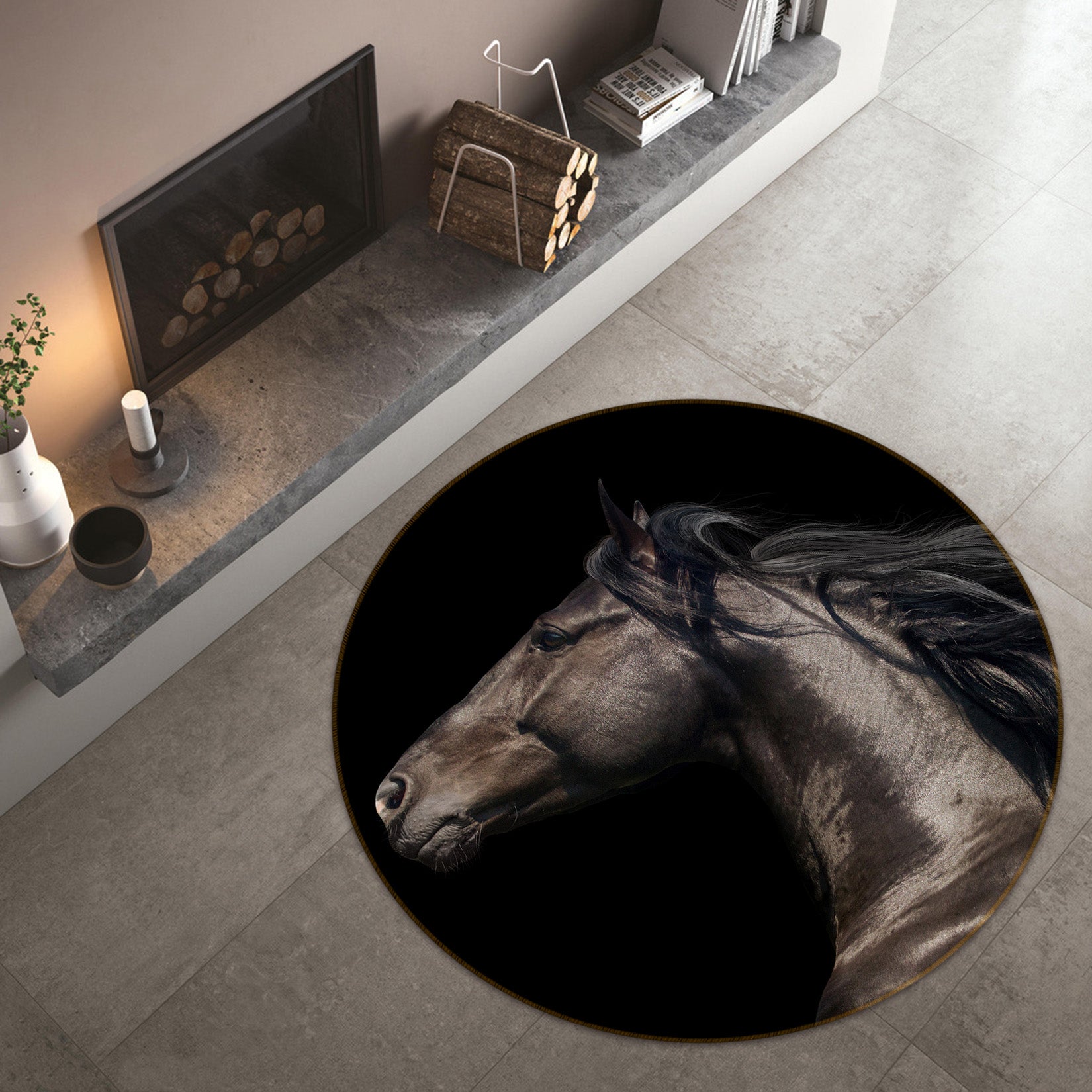 3D Dark Horse 37178 Animal Round Non Slip Rug Mat