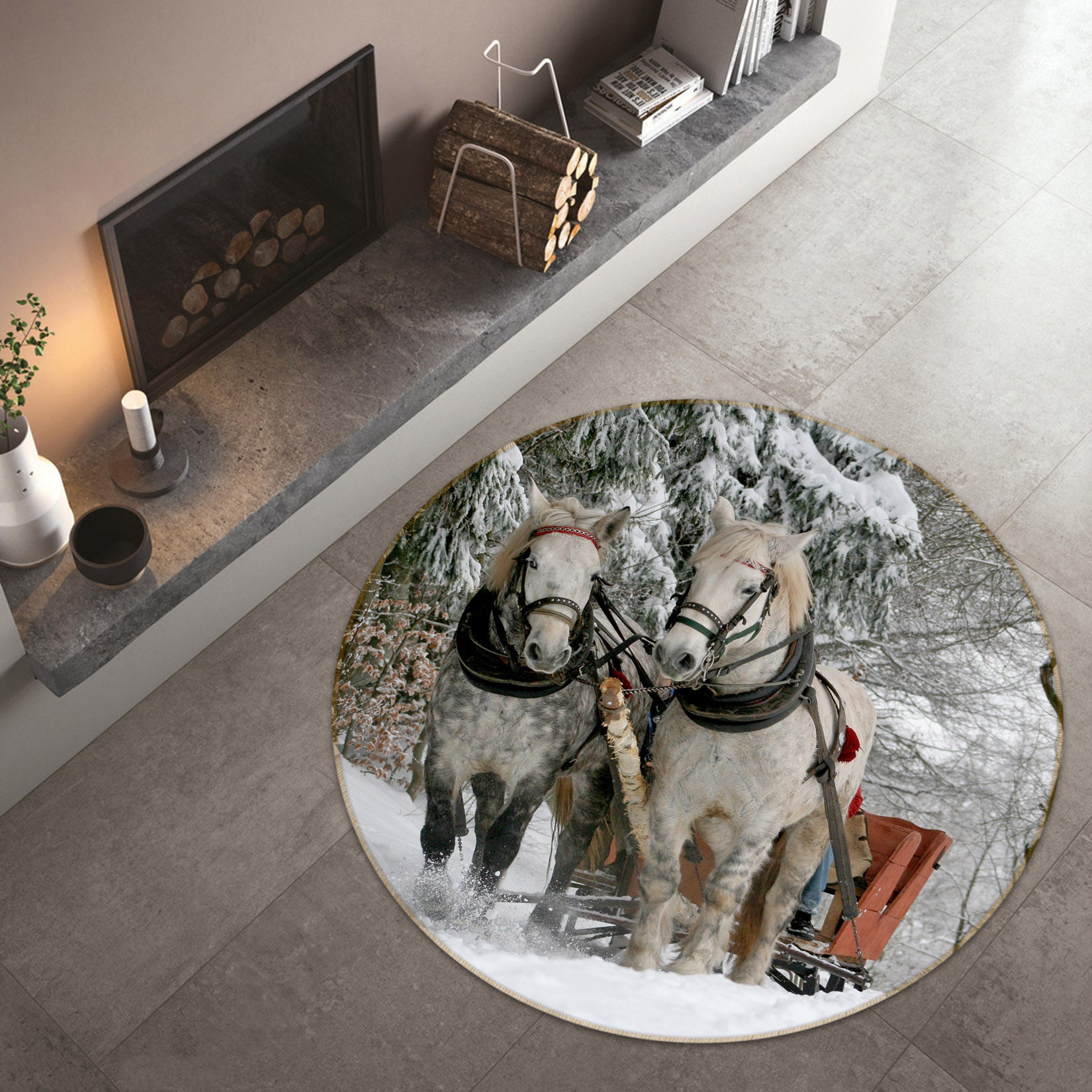 3D Snow Horse 82046 Animal Round Non Slip Rug Mat