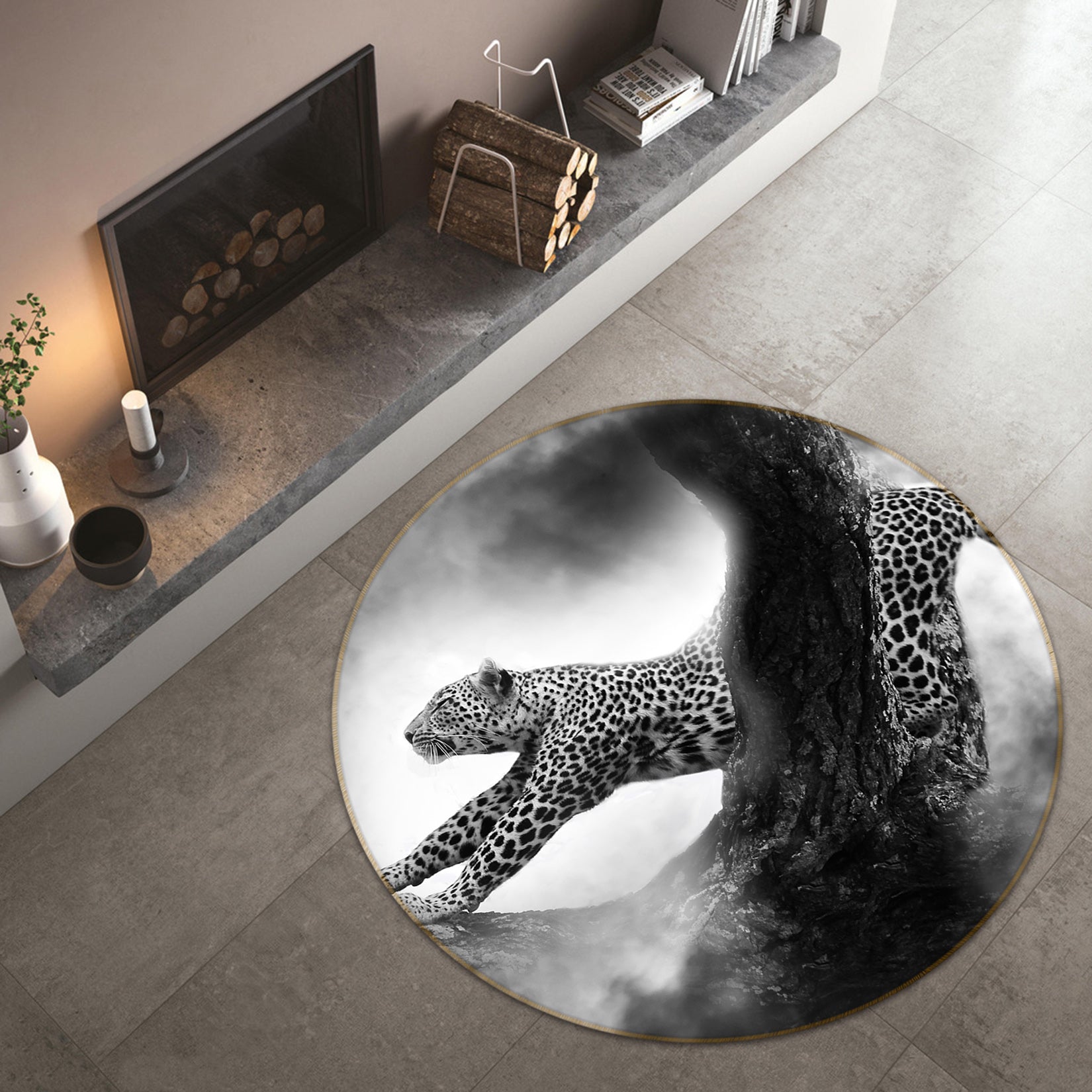 3D Black Ash Trunk Leopard 82249 Animal Round Non Slip Rug Mat