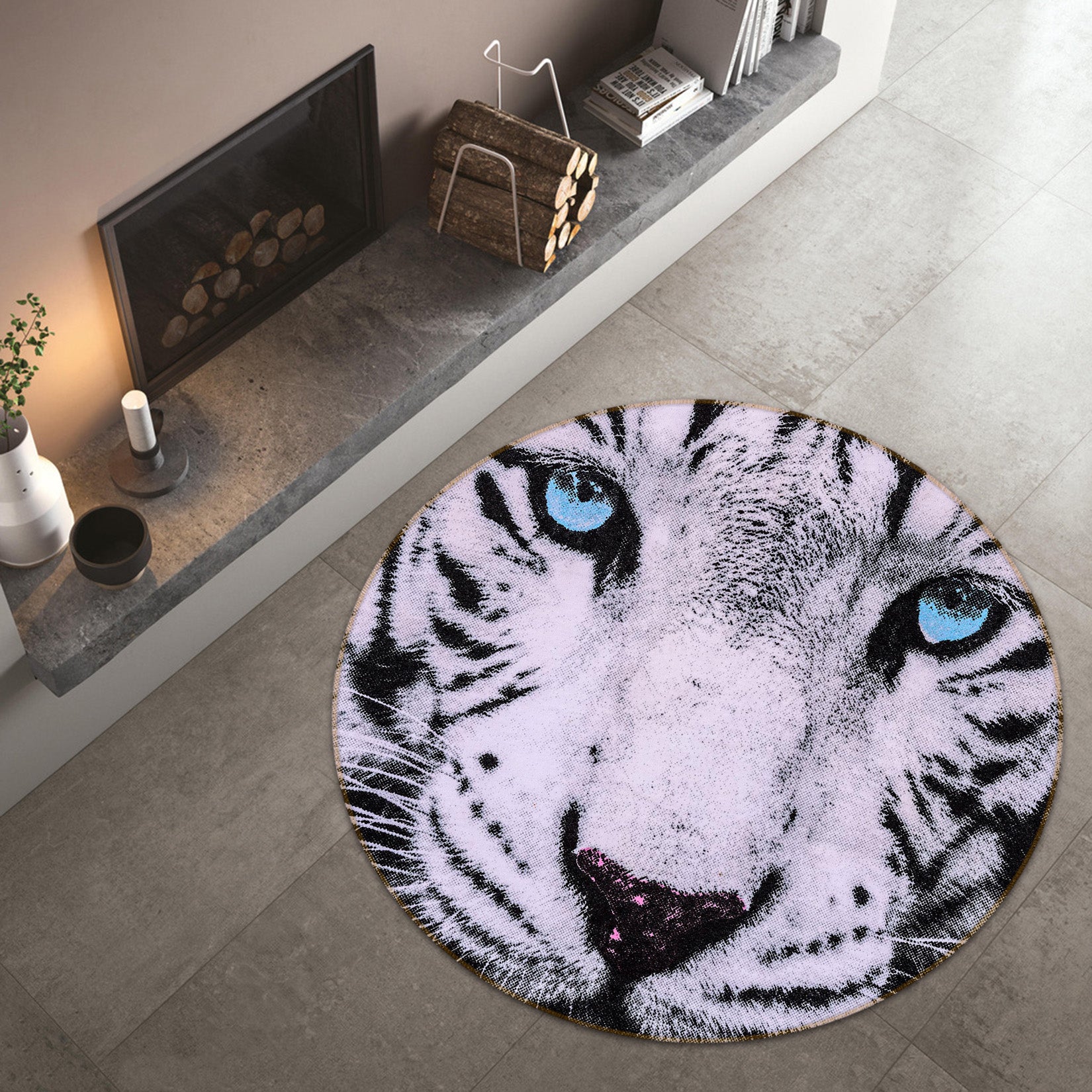 3D White Tiger 38095 Animal Round Non Slip Rug Mat