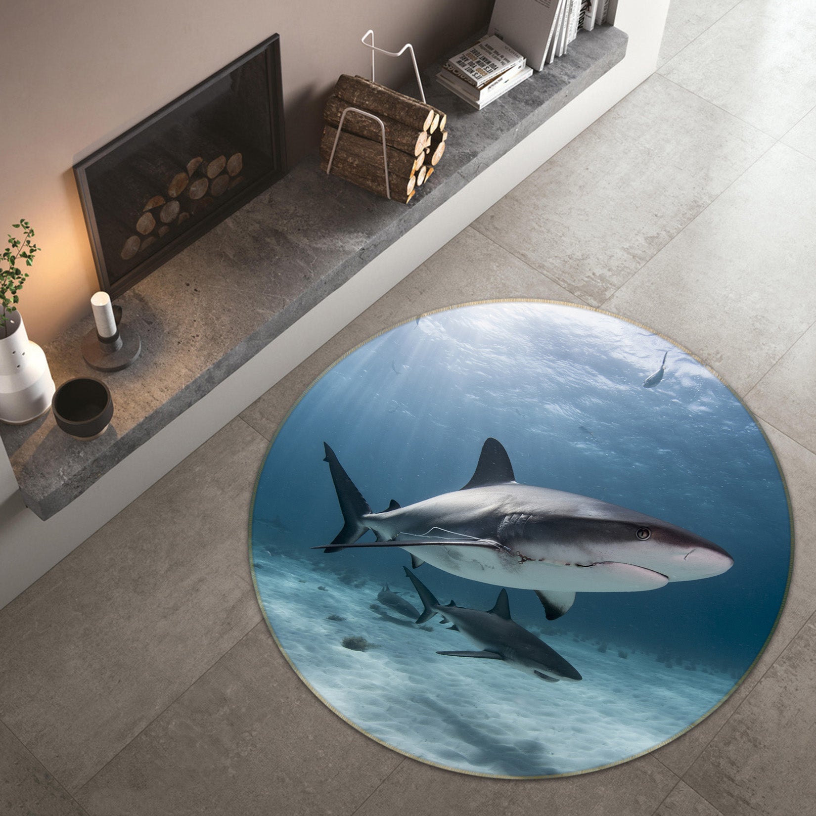 3D Shark 38074 Animal Round Non Slip Rug Mat