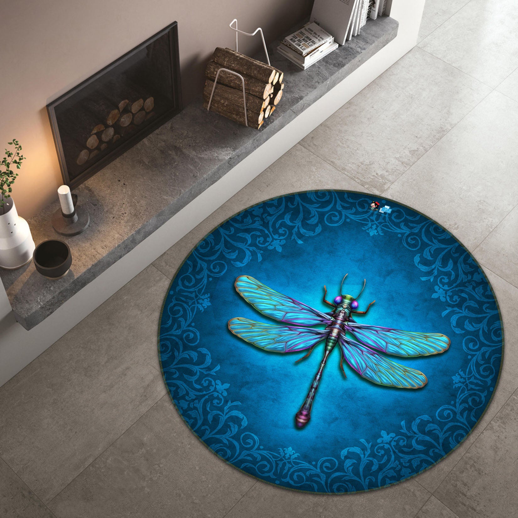 3D Blue Dragonfly 8885 Brigid Ashwood Rug Round Non Slip Rug Mat