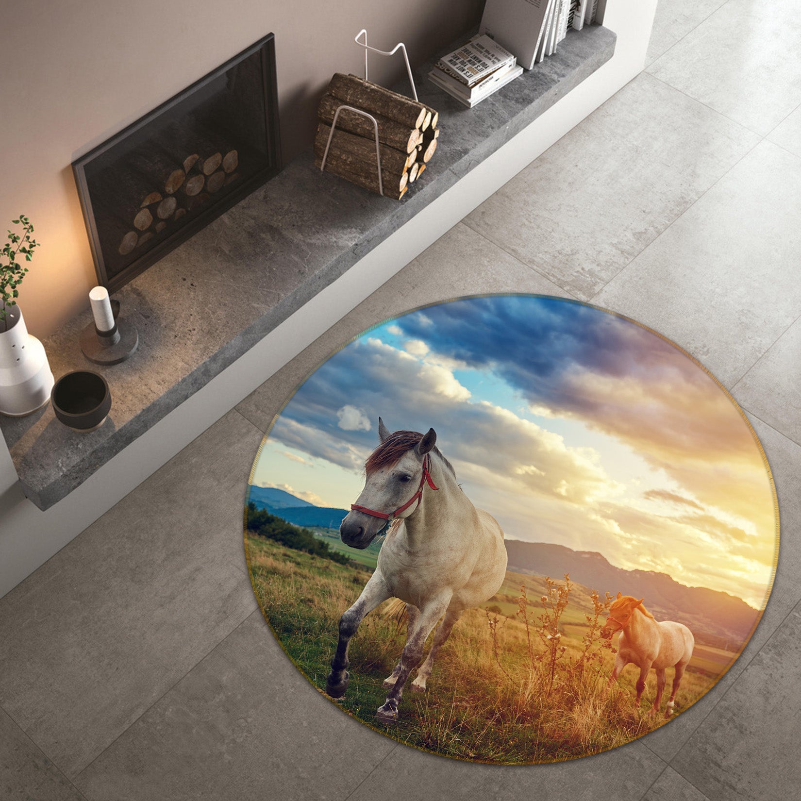 3D White Horse 38030 Animal Round Non Slip Rug Mat