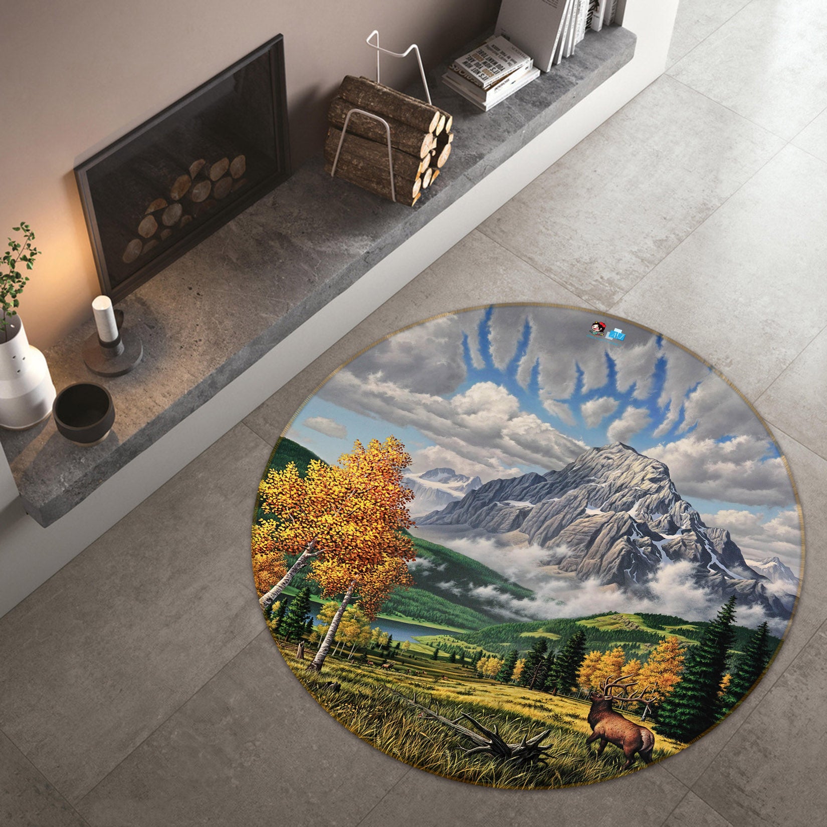 3D Mountains Grass Tree 83117 Jerry LoFaro Rug Round Non Slip Rug Mat