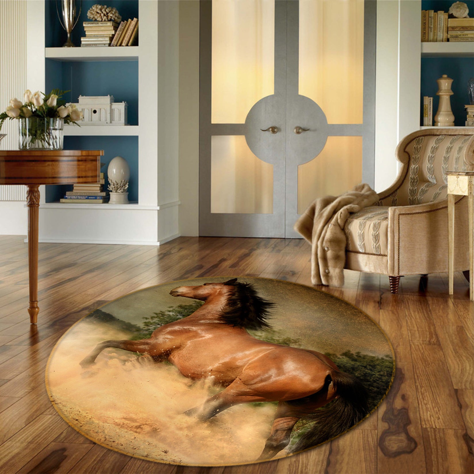 3D Brown Horse 82255 Animal Round Non Slip Rug Mat